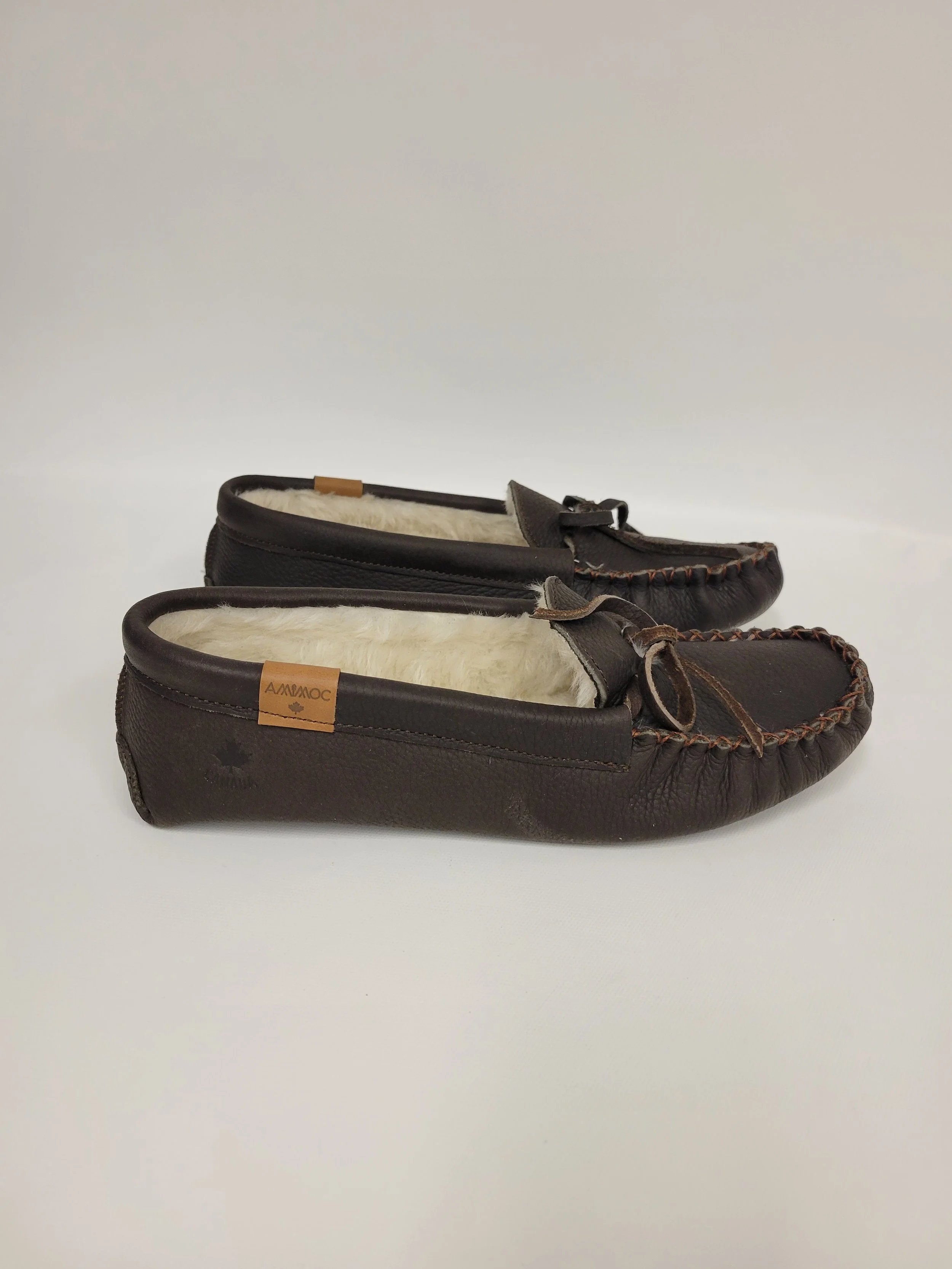 Mocassins d'intérieur en cuir brun foncé, peluche à l'intérieur, Ammoc, grandeur 8