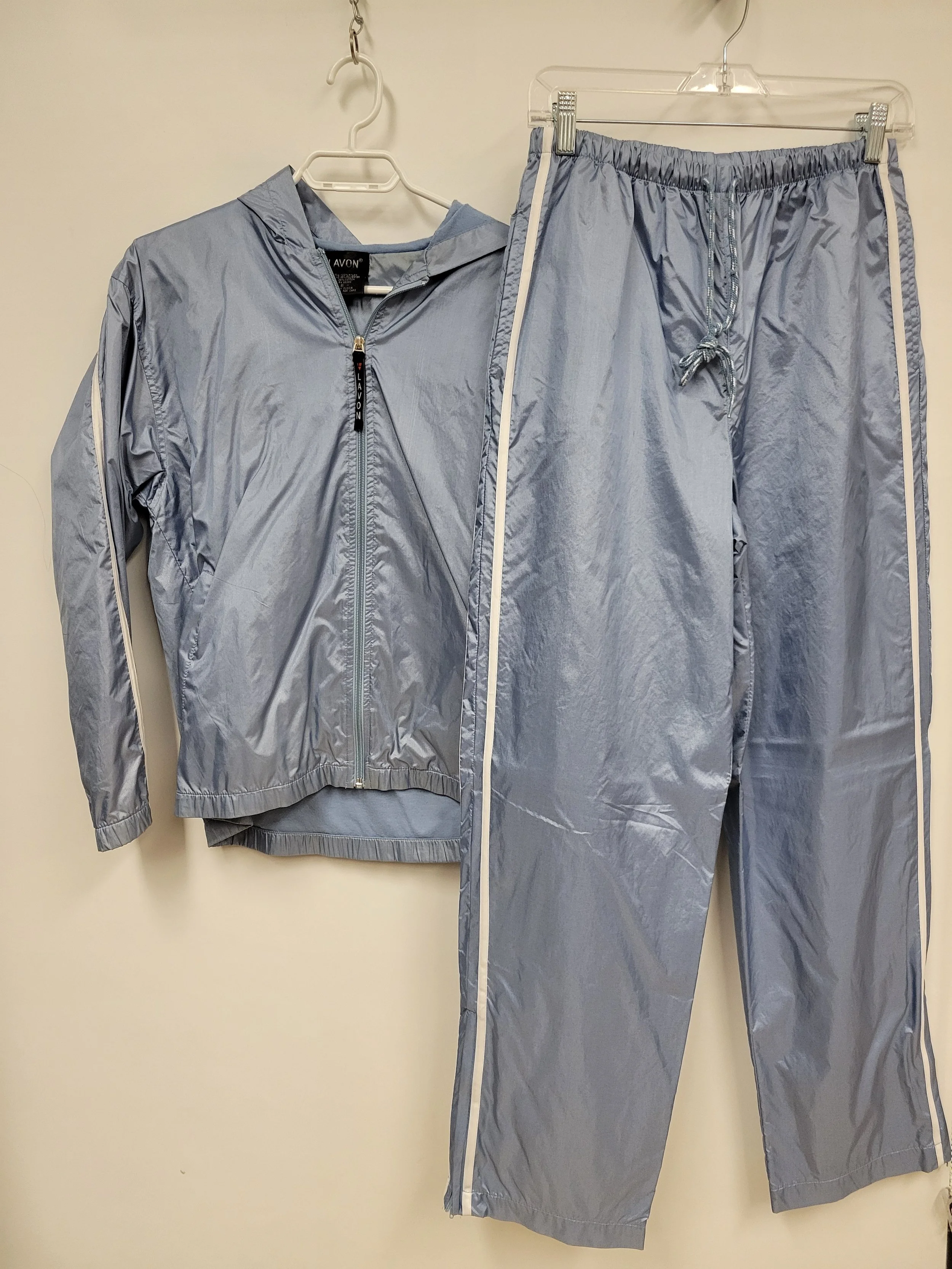 Ensemble printemps, veste et pantalon doublés, bleu poudre à ligne blanches, LAVON, M (femmes)