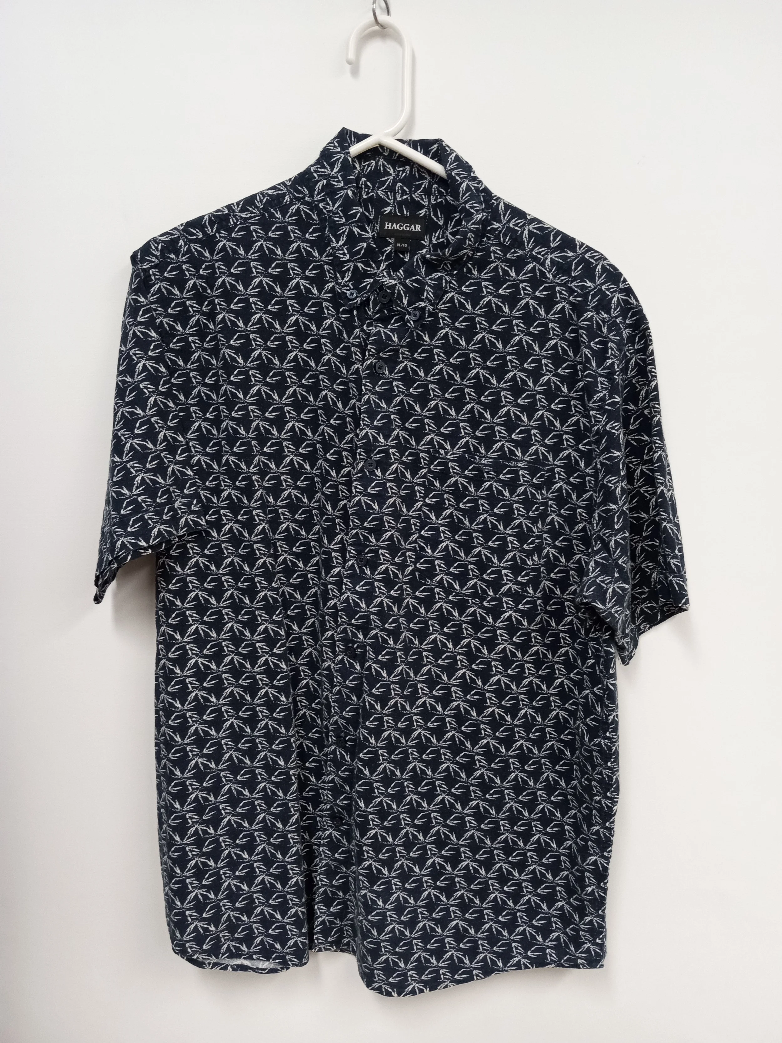 Chemise manches courtes, bleu marin motif palmiers, Haggar, XL