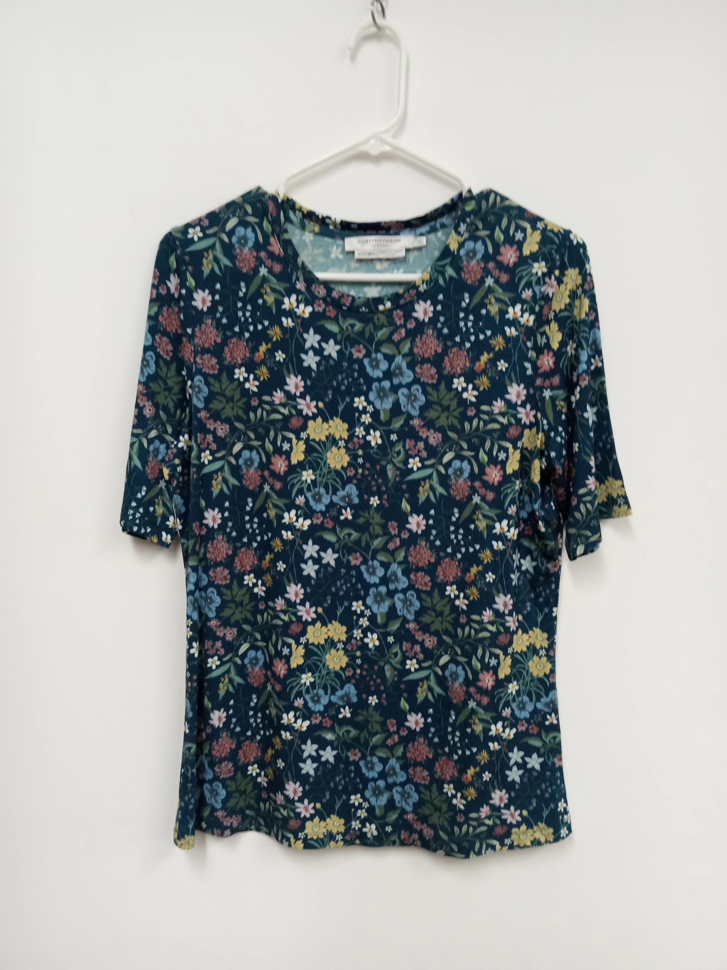 Haut manches courtes (Viscose), Fleurs sur fond vert turquoise, CONTEMPORAINE par Simons, M