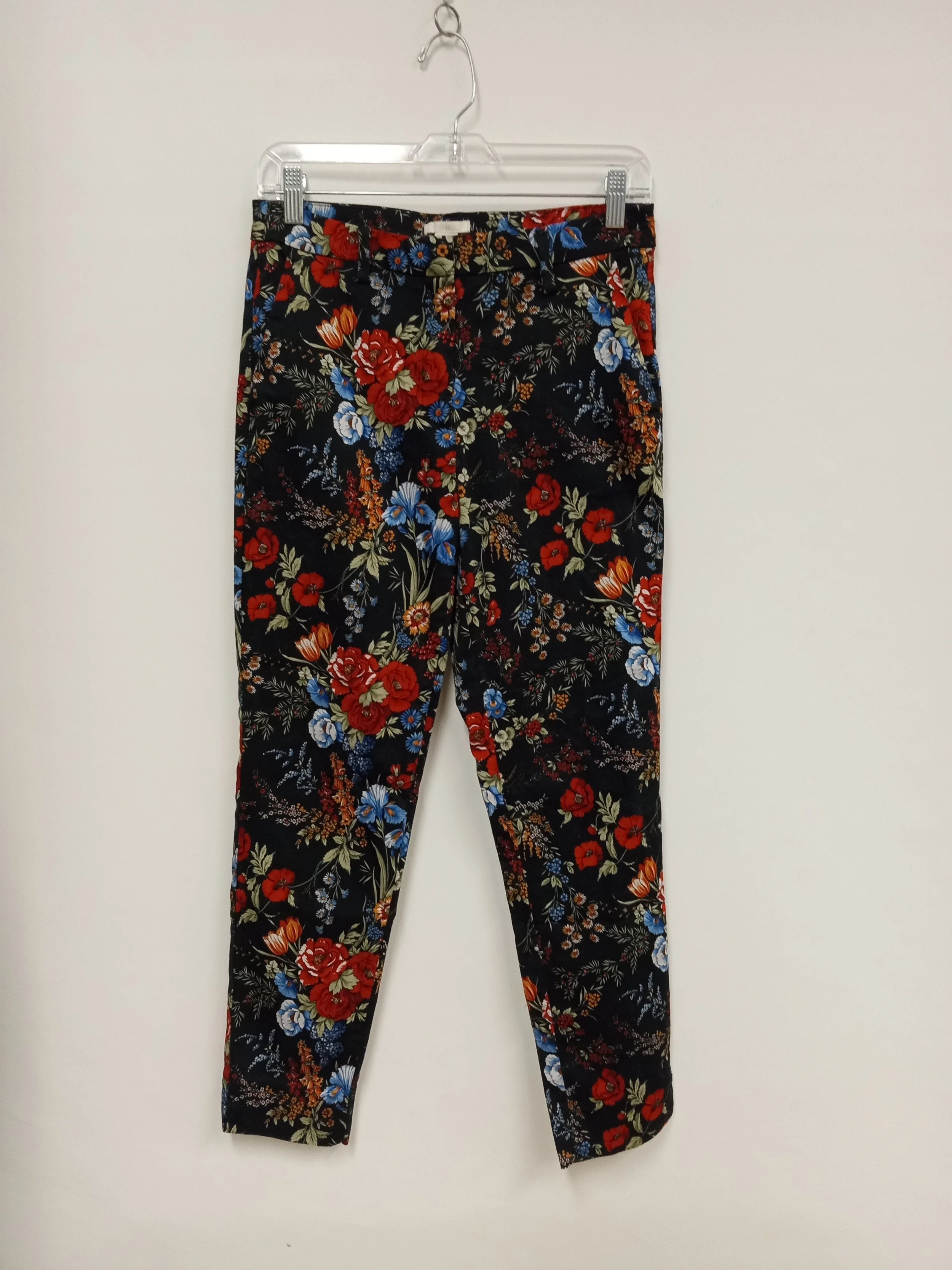 Pantalon droit (Coton/Polyester/Elastane), Motifs de fleurs sur fond noir, H&M, Taille 8