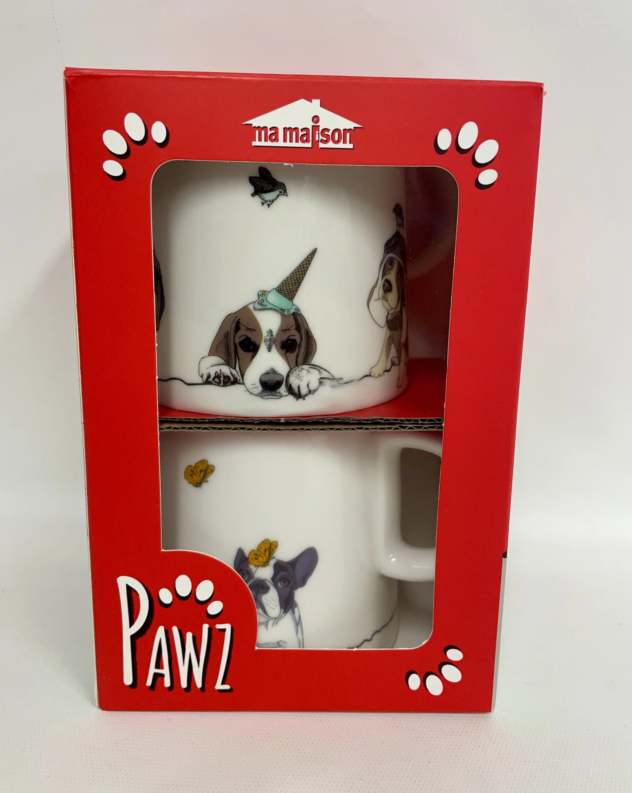 Deux tasses blanches avec des chiens, en porceleine fine, PAWZ, 360 ml.