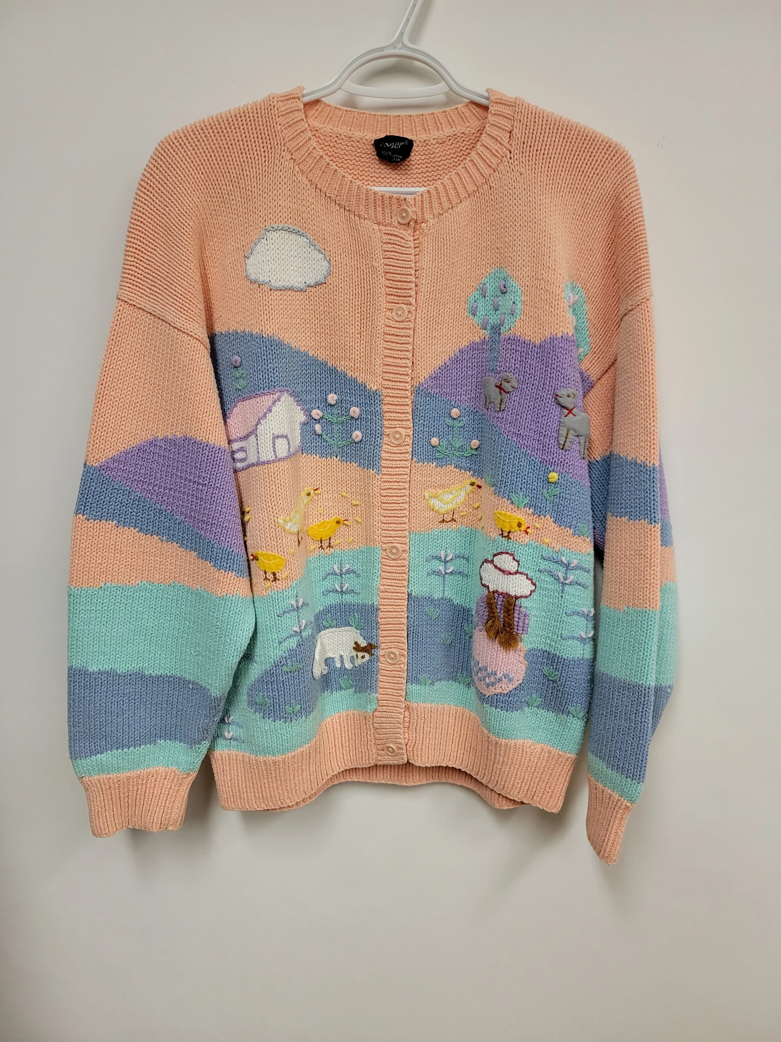 Cardigan en tricot épais 100% coton, broderies animaux de la ferme, couleurs pastel, Jmper, environ L hommes (XL femmes)