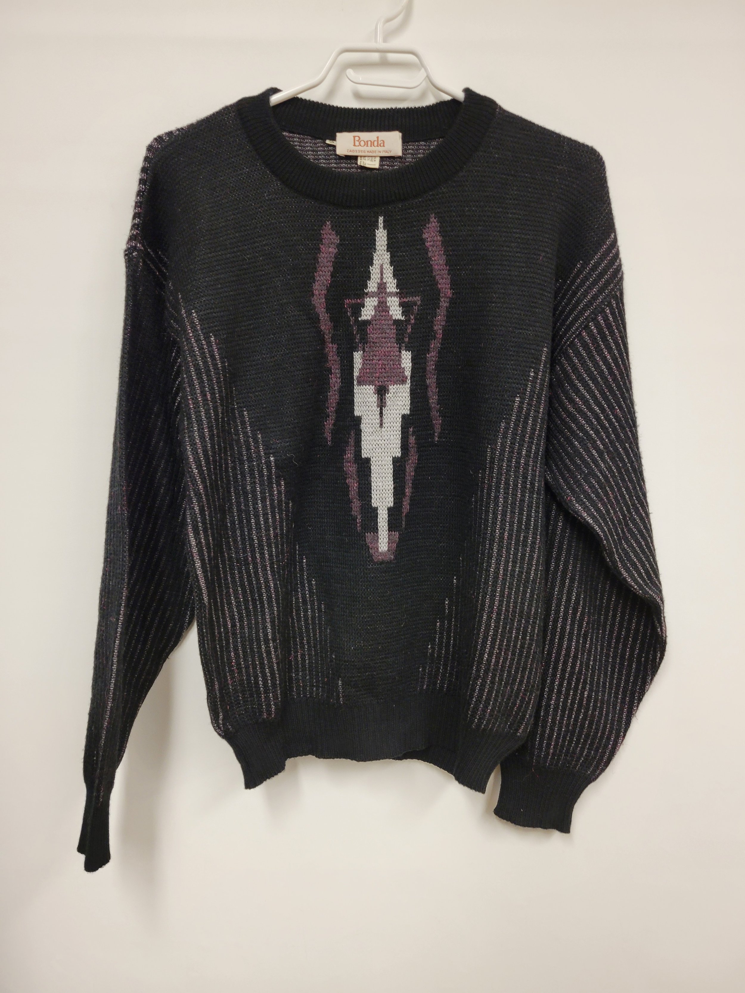 Tricot vintage noir motif gris/mauve scintillant, 100% laine, Bonda, S