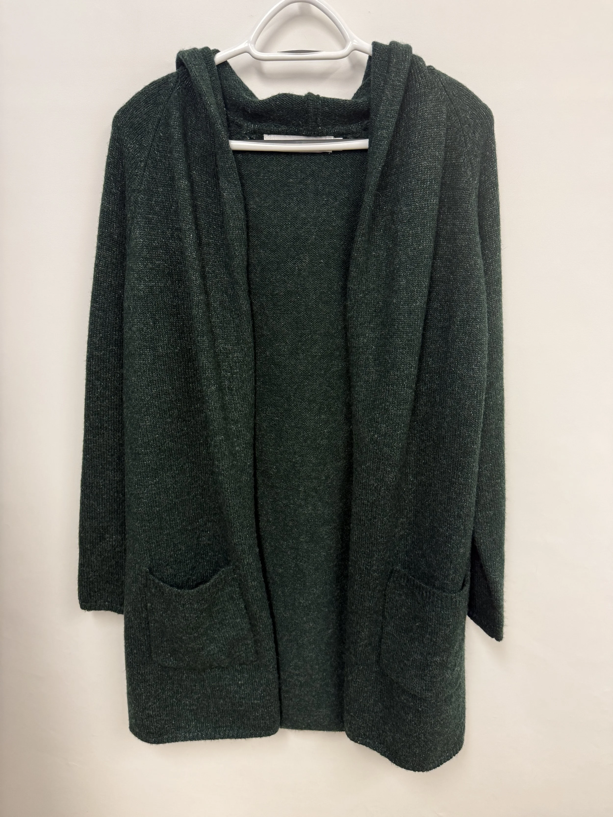 Cardigan long, capuchon, tricot doux, vert forêt, Contemporaine par Simons, Medium