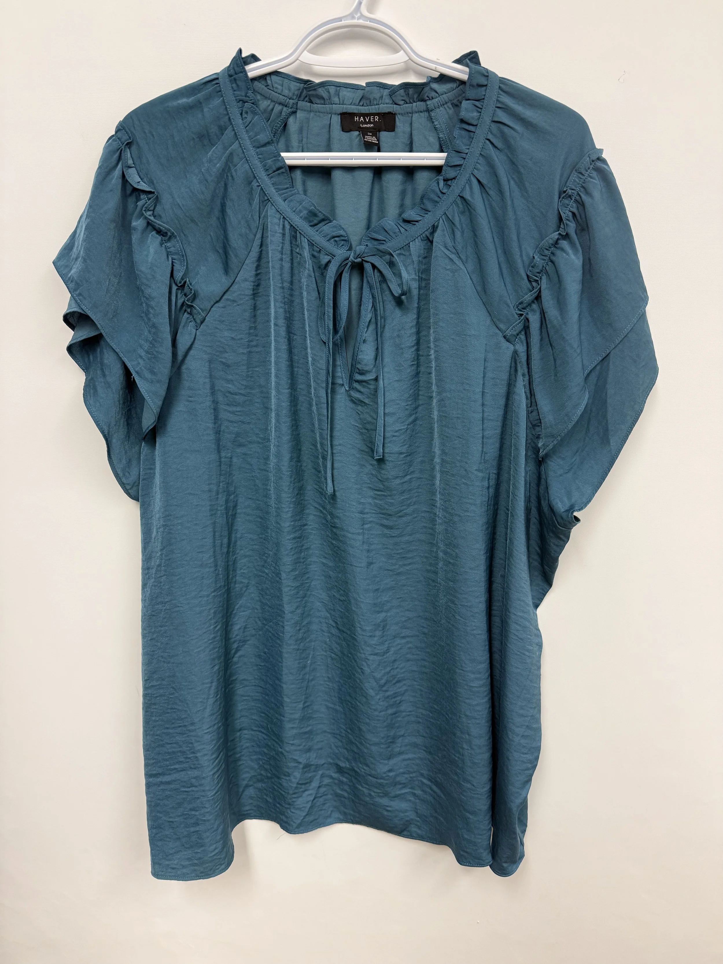 Blouse turquoise, nouée au cou, manches courtes à volant, Haver, 3X