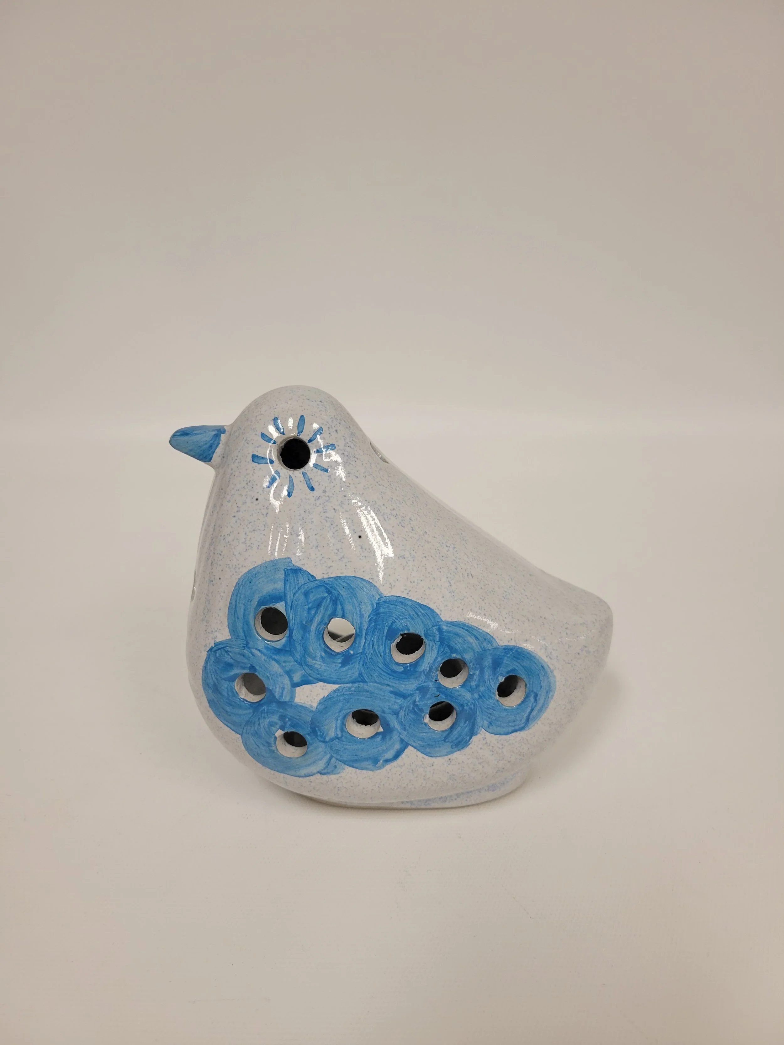 Bougeoir en céramique, oiseau gris et bleu