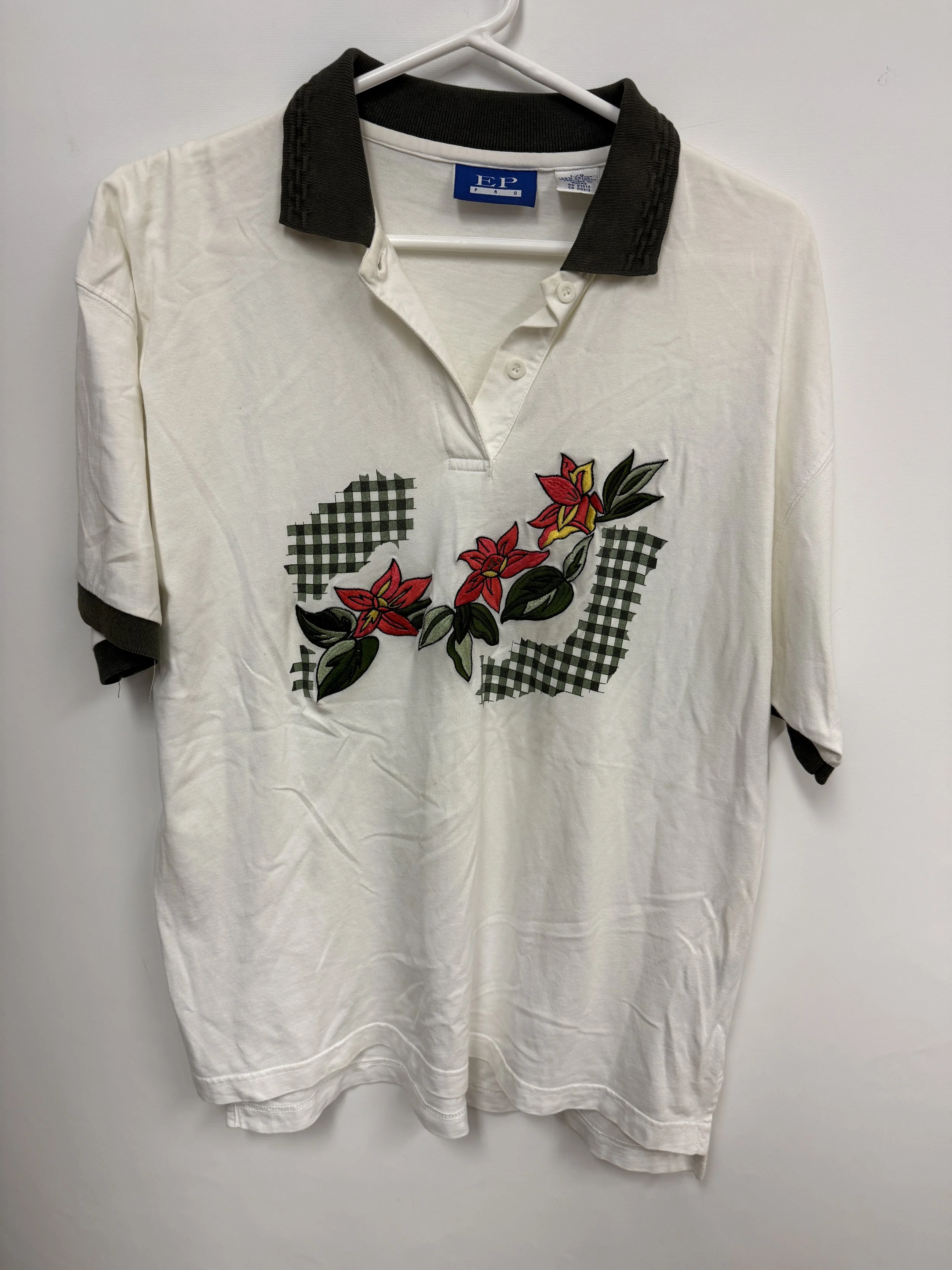 Polo blanc et vert foncé, fleurs brodées, EP Pro, Large