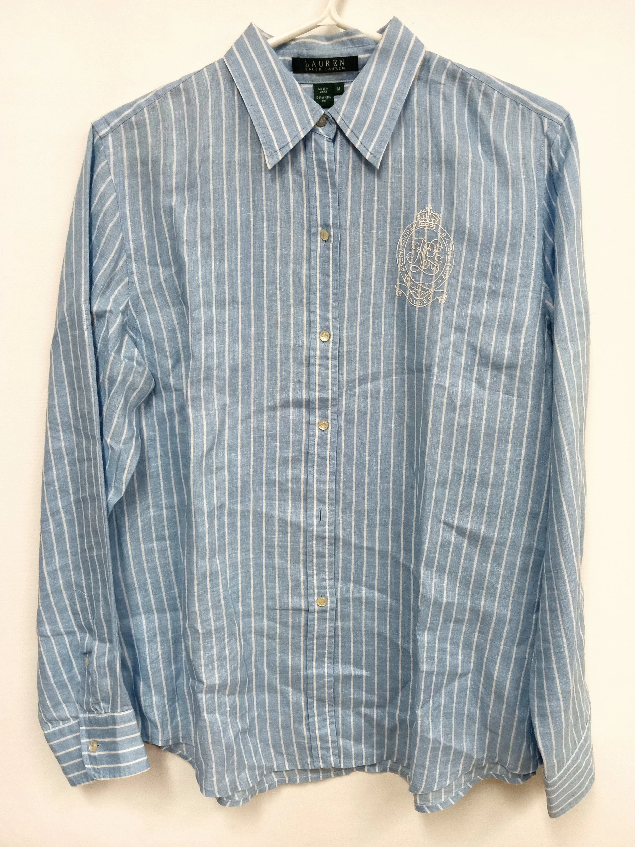 Haut bleu avec rayures blanches en 100% lin, Lauren by Ralph Lauren, M