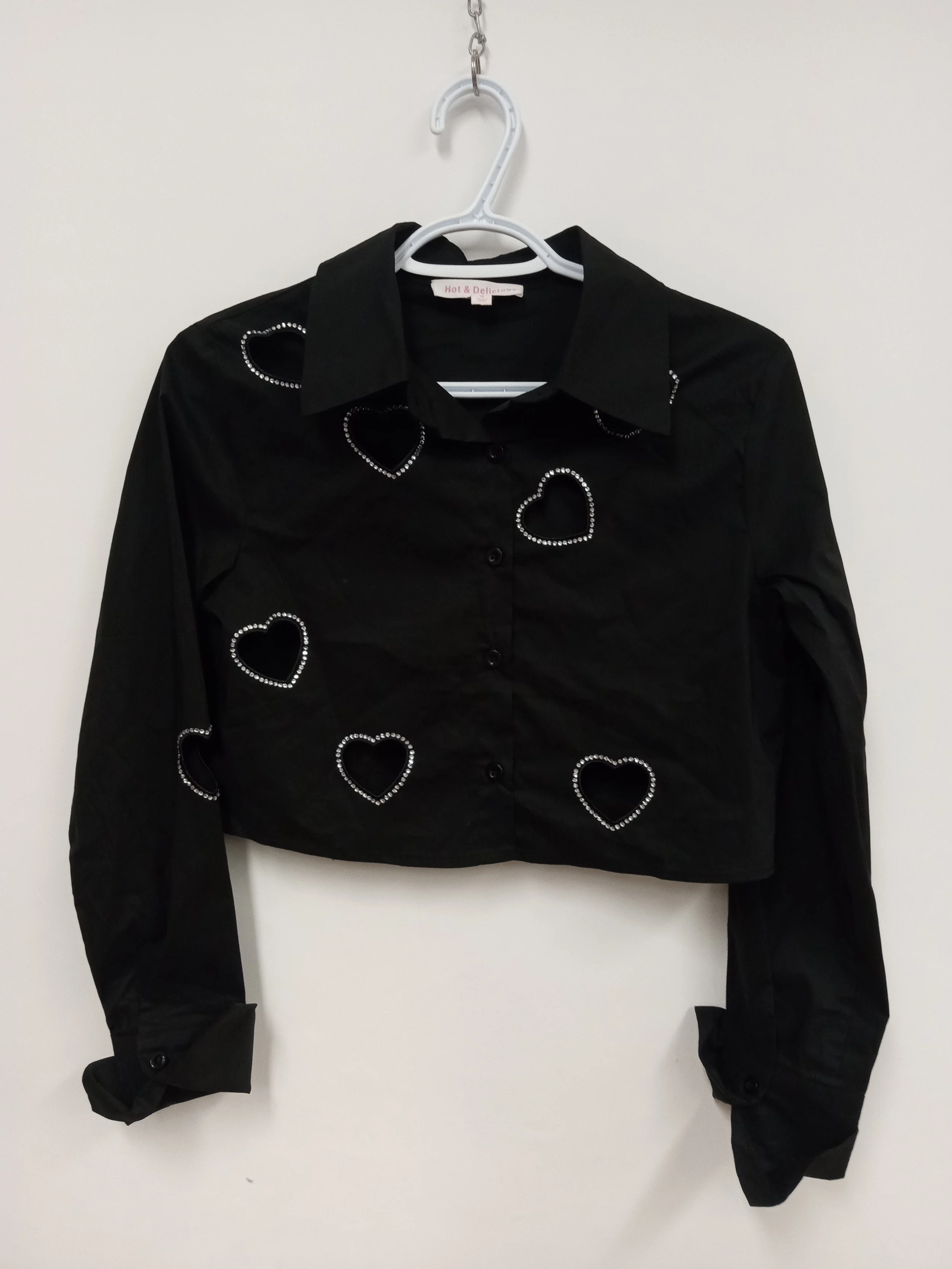 Chemisier court (Polyester/coton), Motifs de coeur (troués) entouré de pierres, HOT & DELICIOUS, S