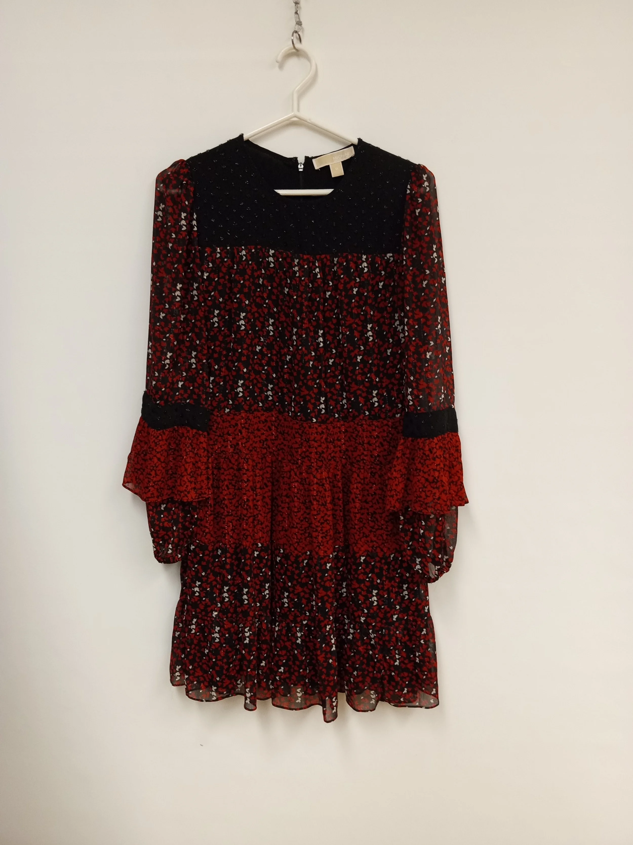 Robe longue avec volants, motif feuilles rouge-noir-blanc, Michael Kors, taille M