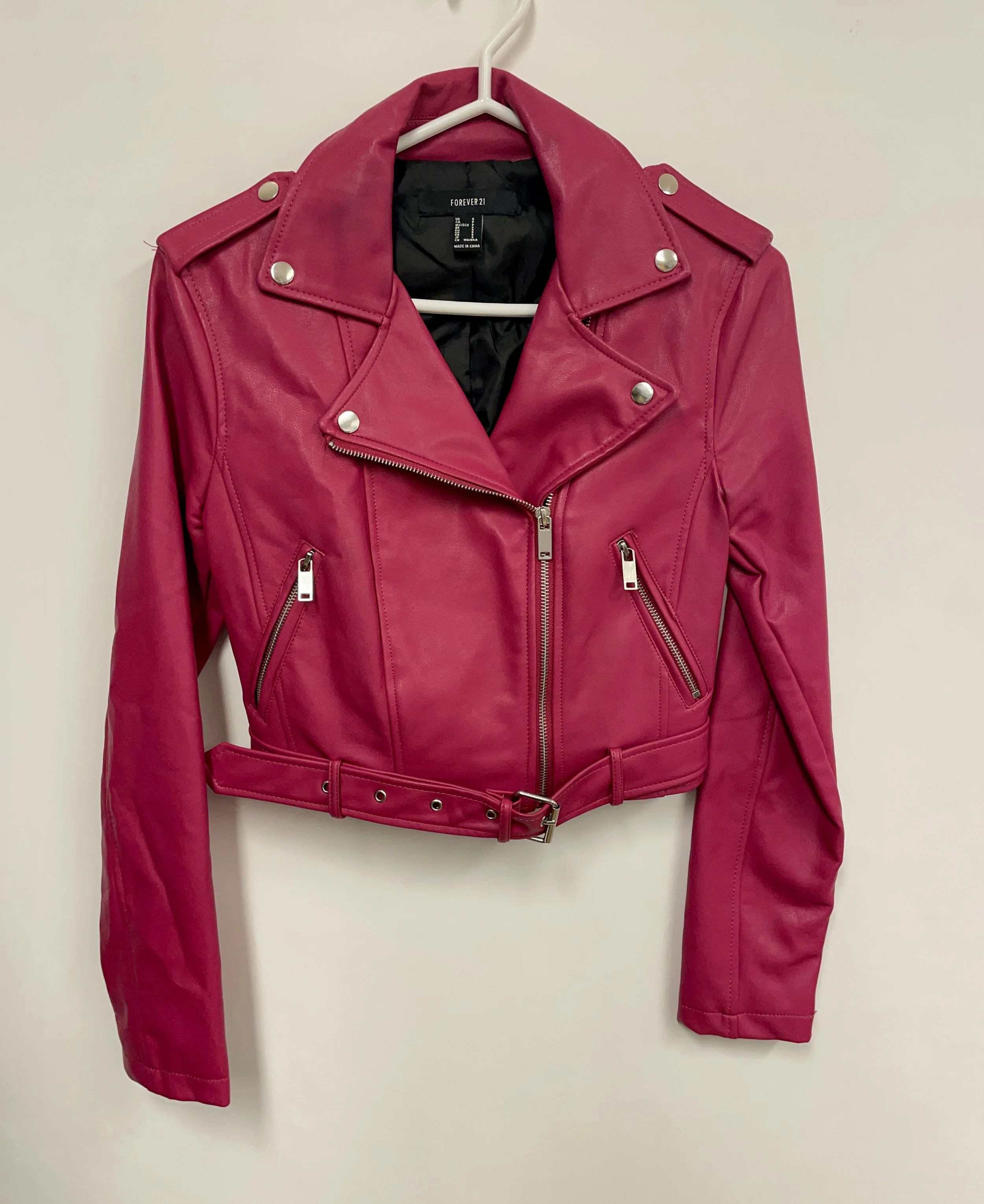 Blouson court en similicuir rose fuchsia, FOREVER 21, S