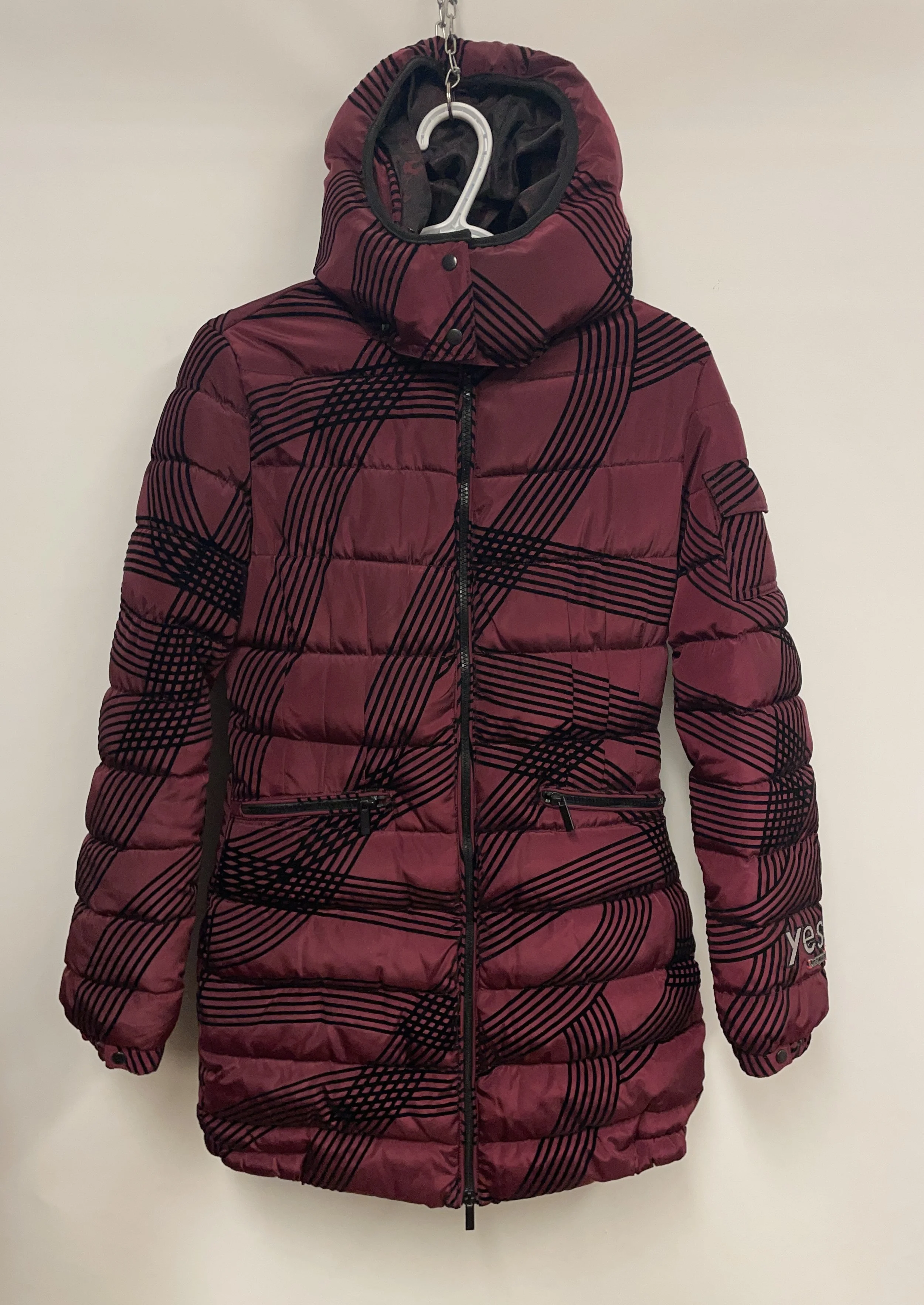 Manteau d'hiver 3/4, capuchon, bourgogne et noir, DESIGUAL, taille 36 (S mais fait XS)