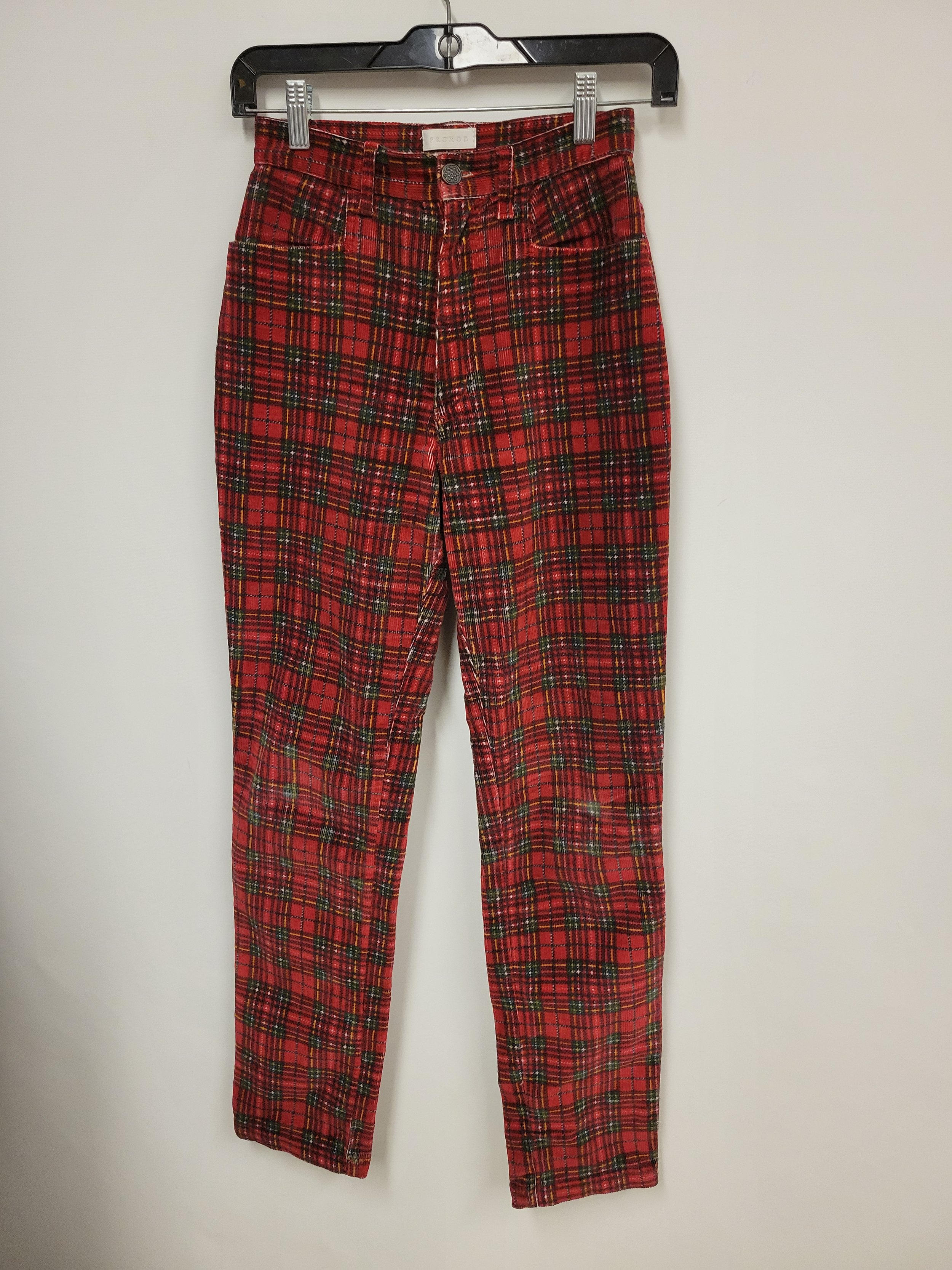 Pantalon taille haute, corduroy en coton à carreaux rouge, Promod, taille 34 (XS)