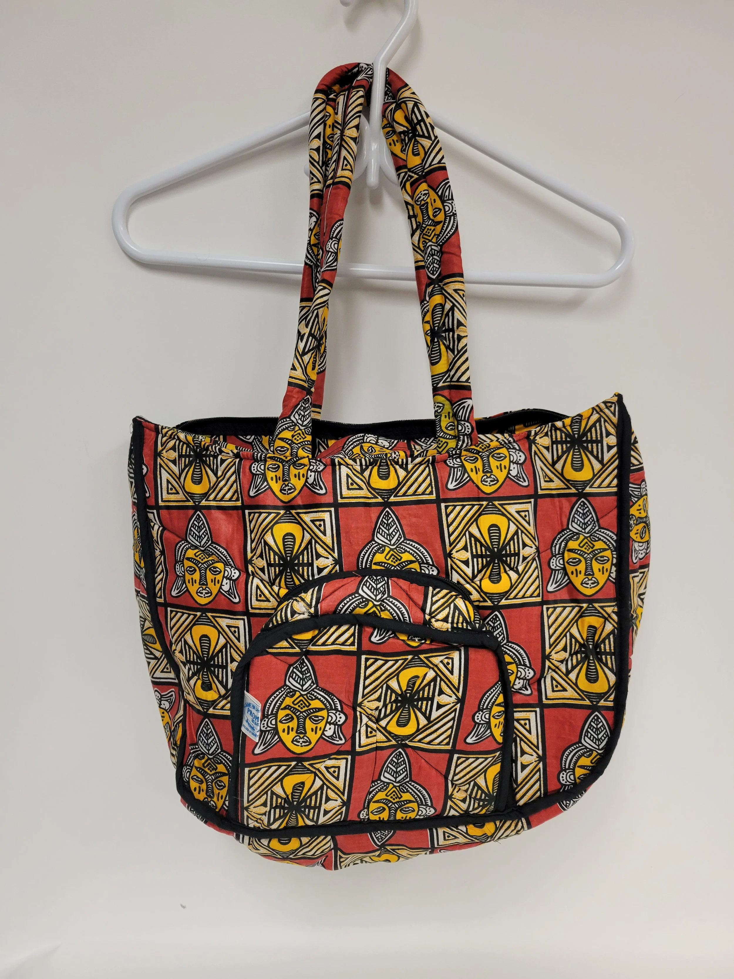 Sac caba léger, rouge à motif jaune et ivoire, environ 15 po