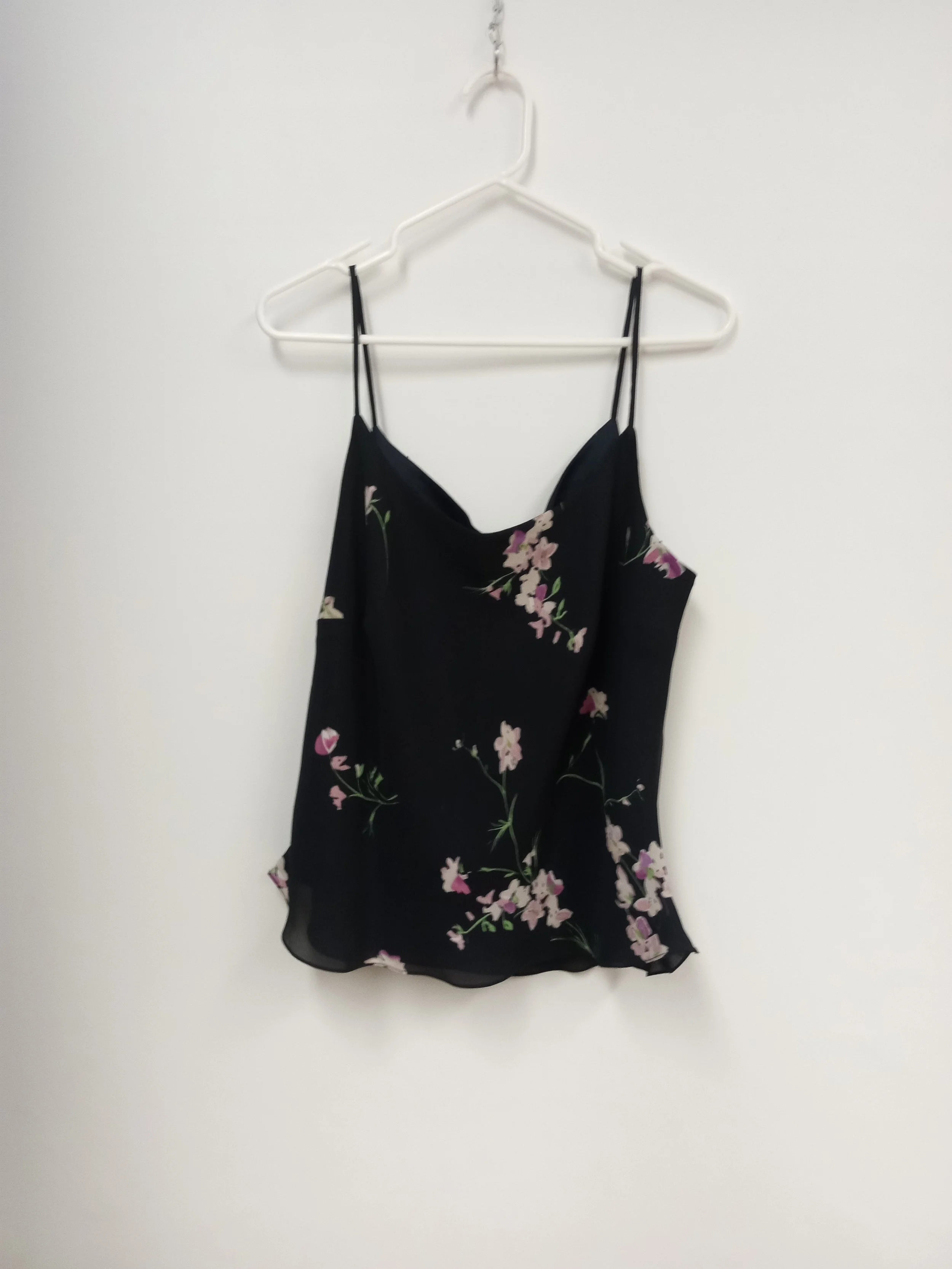 Haut à bretelles minces (polyester), noir à fleurs blanches/mauves, Barketti, taille 18