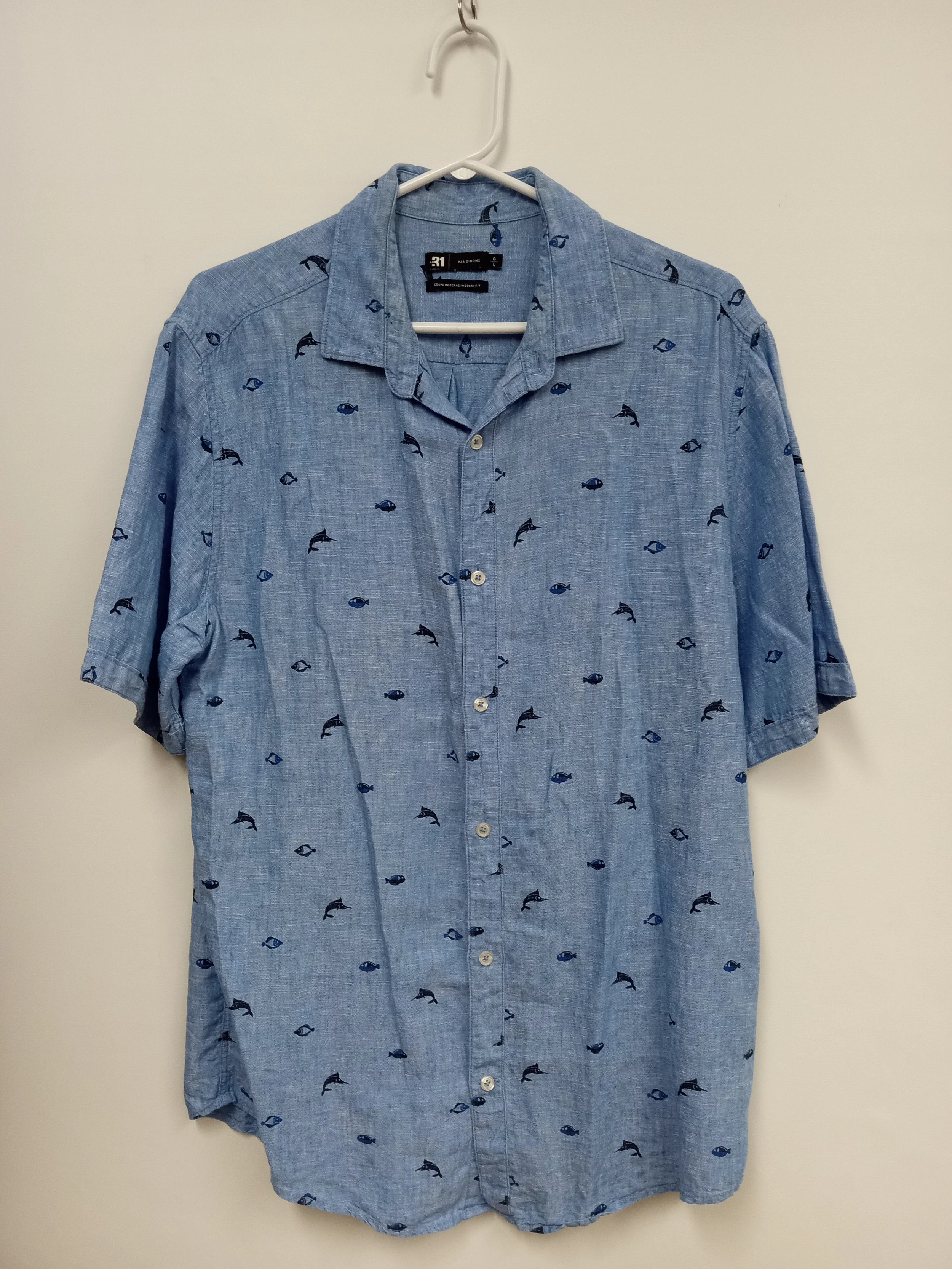 Chemise manches courtes, bleu motif poissons, Simons, L