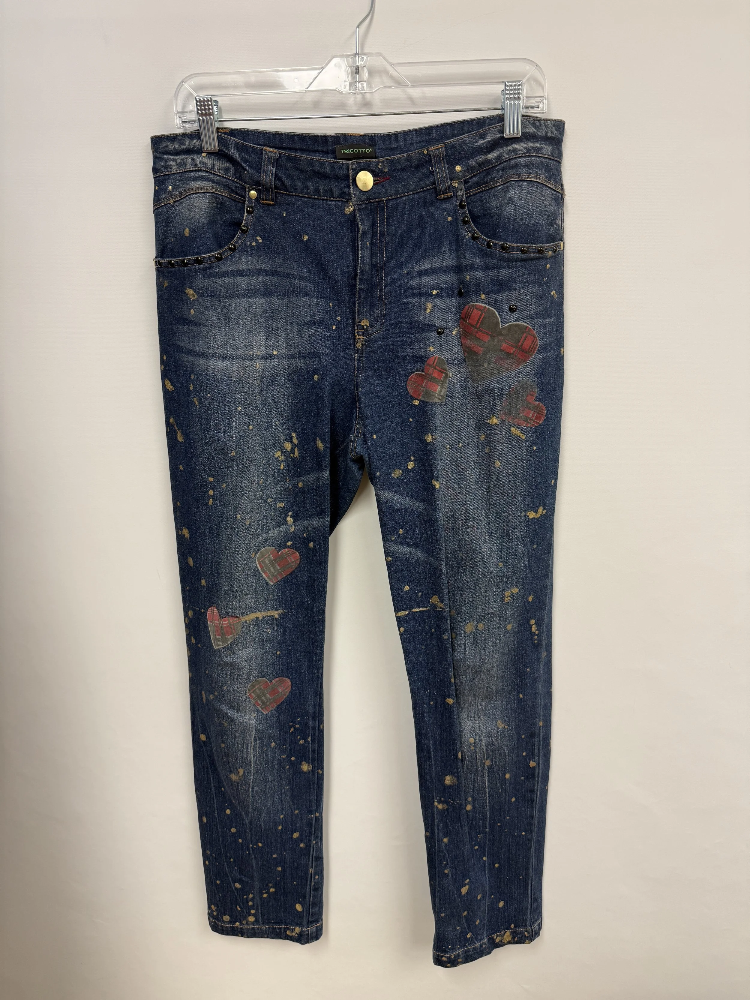 Jeans ajusté, motif de coeur carreauté et de tache de peinture dorée, Tricotto, taille 12