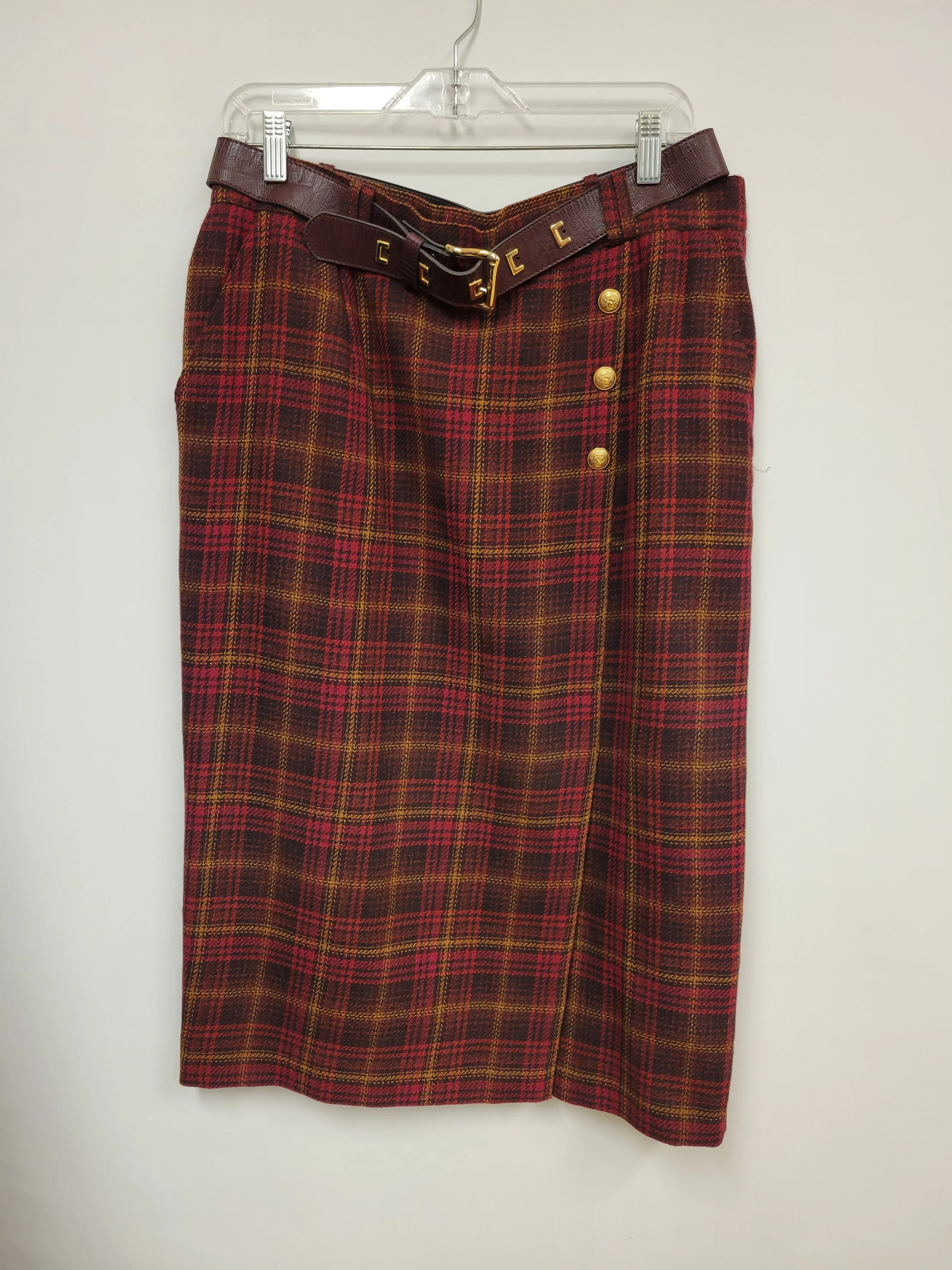 Jupe longue en laine, carreaux brun et rouge, HMC, taille 14/16 (L/XL)