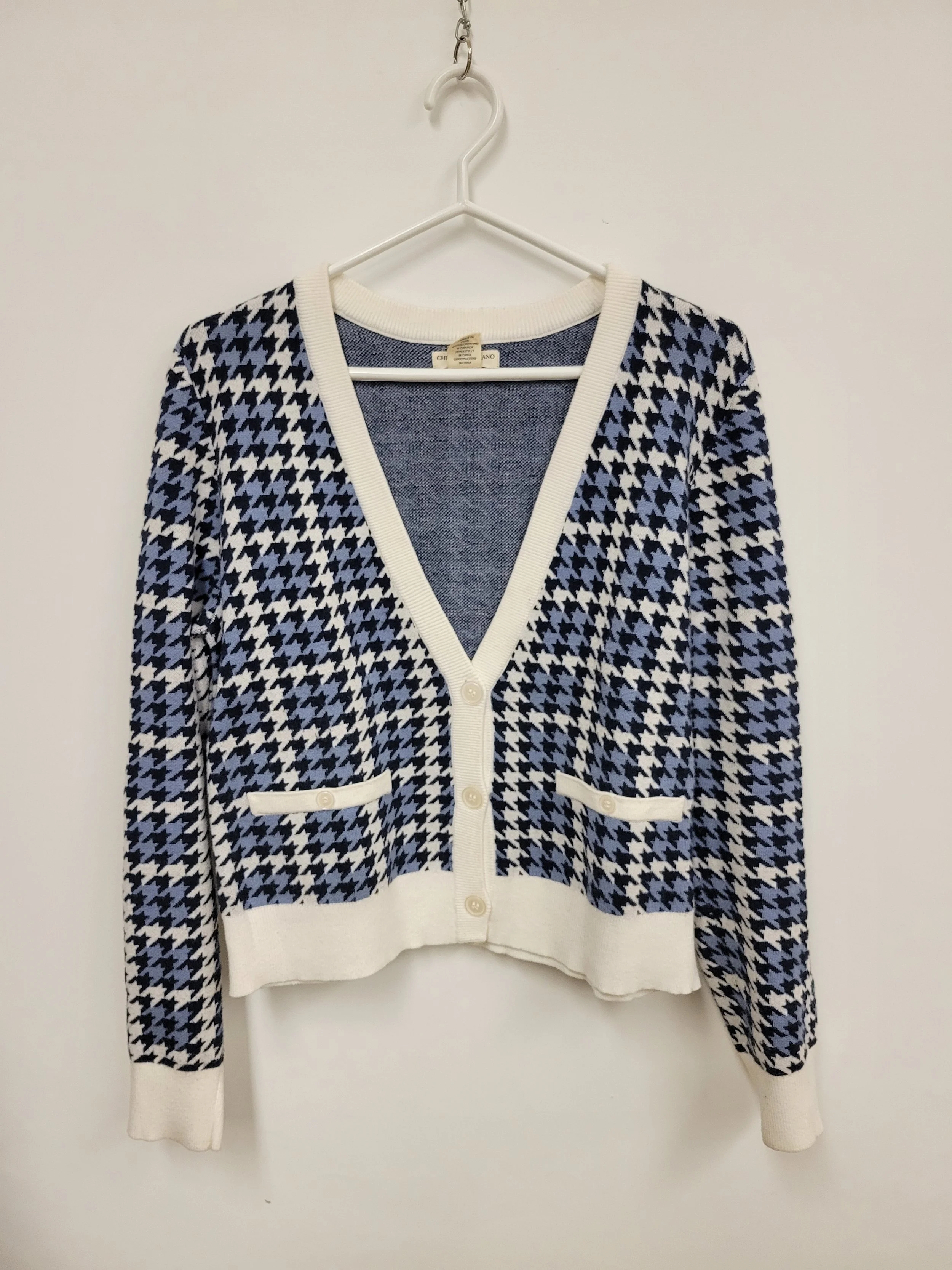 Cardigan pied-de-poule bleu et blanc, Christian Siriano, XL