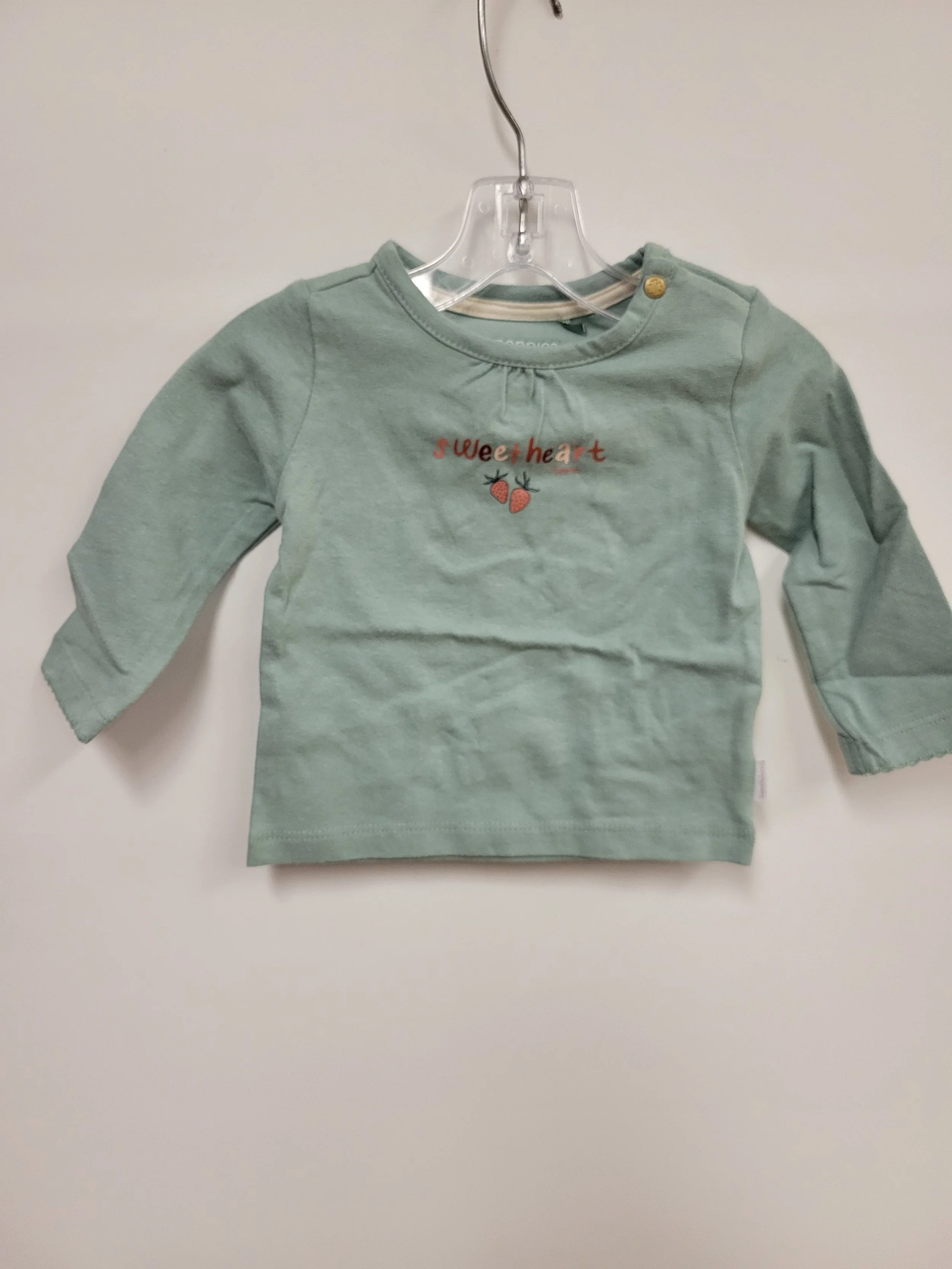 Chandail manches longues vert menthe avec fraises, coton bio, Noppies, 1-2 mois