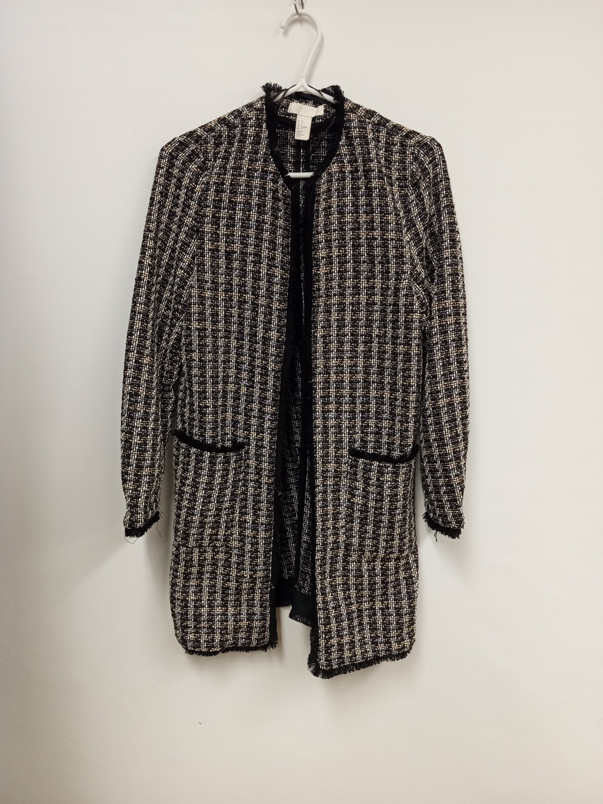 Veston ouvert long avec franges, tissé noir blanc et beige, H&M, Taille 6