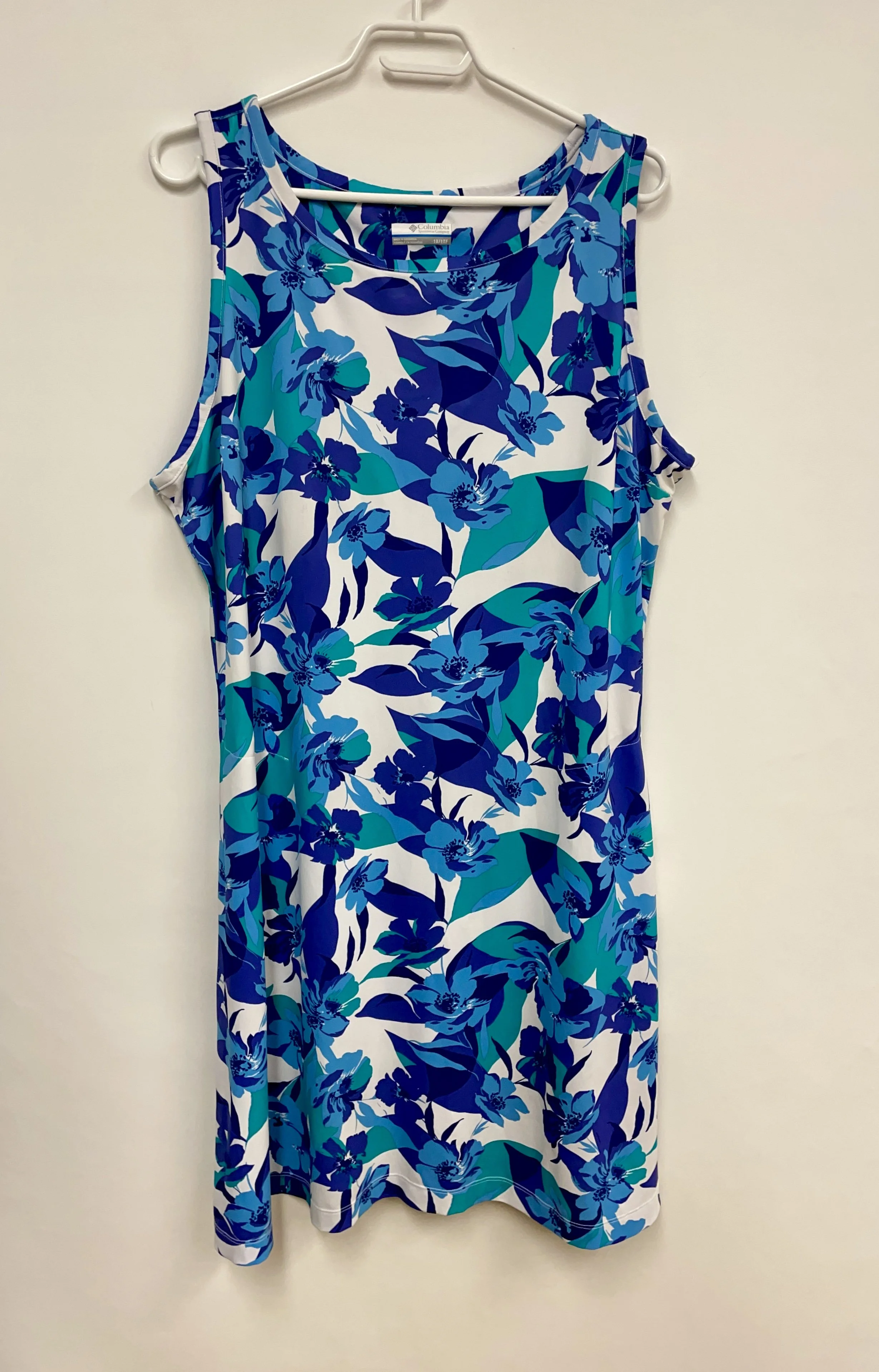 Robe fleurie bleue sans manches, COLUMBIA, polyester, taille XL.