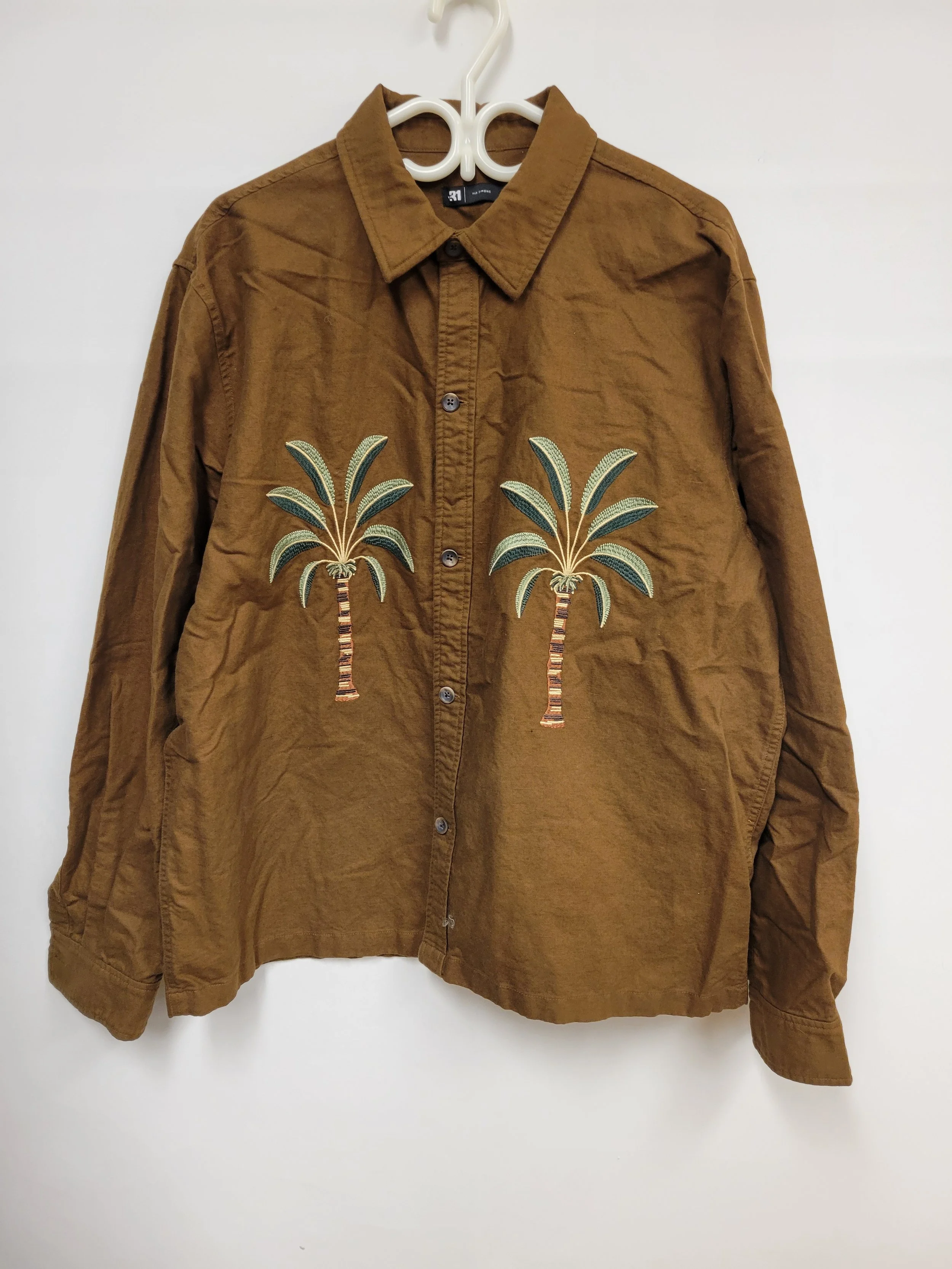 Chemise épaisse brun avec palmiers brodés, lin et coton bio, Le 31, XL