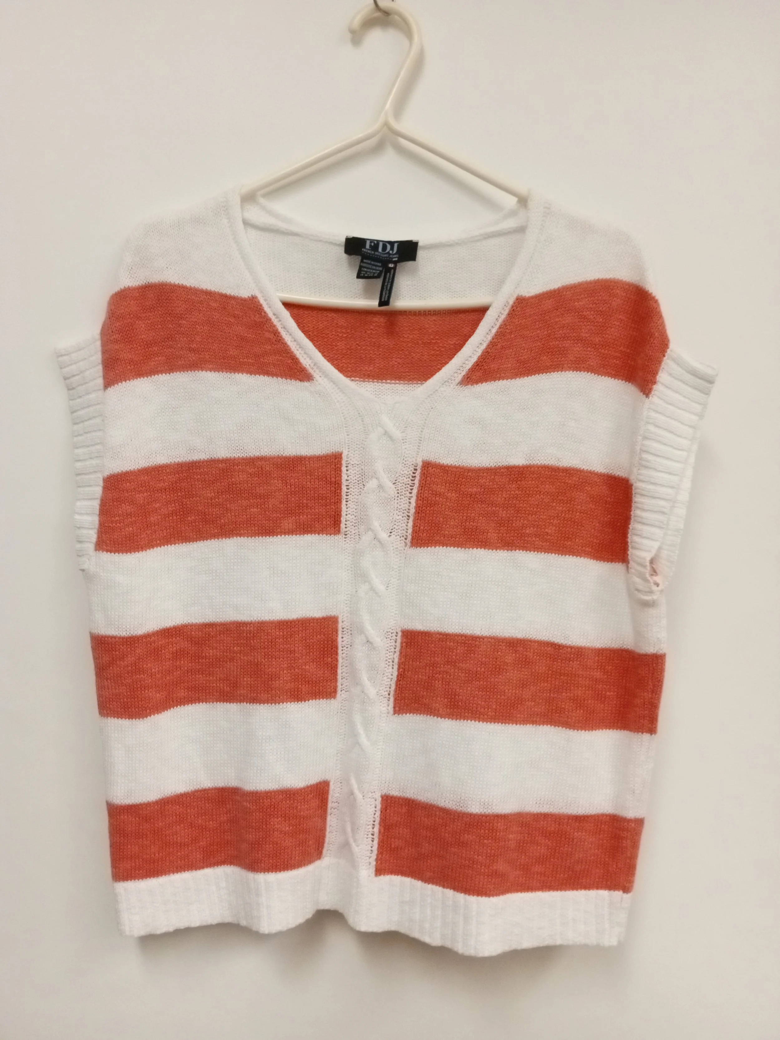 Chandail sans manche, coton et viscose, rayures orange et blanches, French Dressing Jeans, taille M