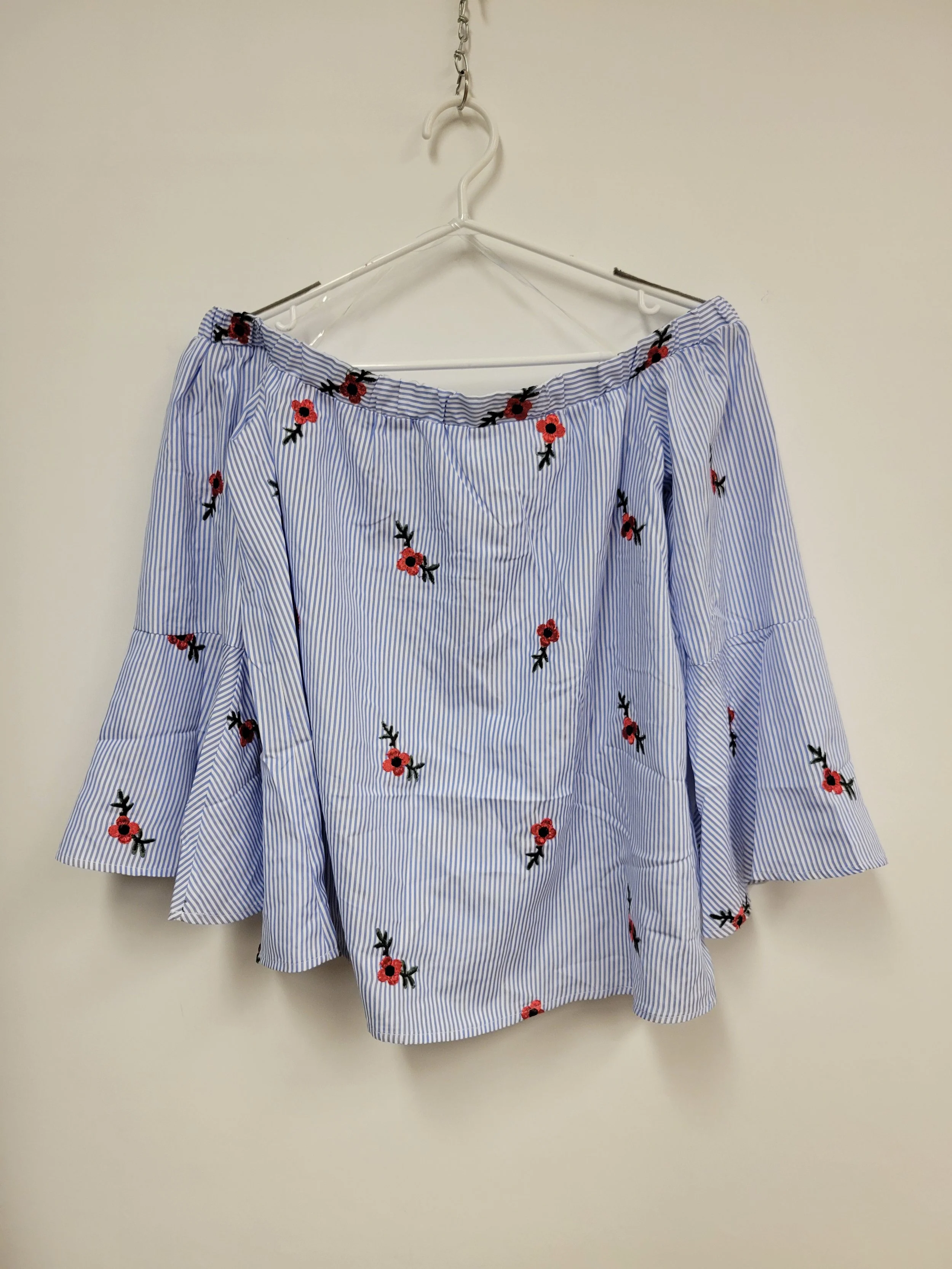 Chemisier en coton ligné bleu et blanc avec col évasé, Motifs de fleurs brodés, ALWAYS INDIGO, XL