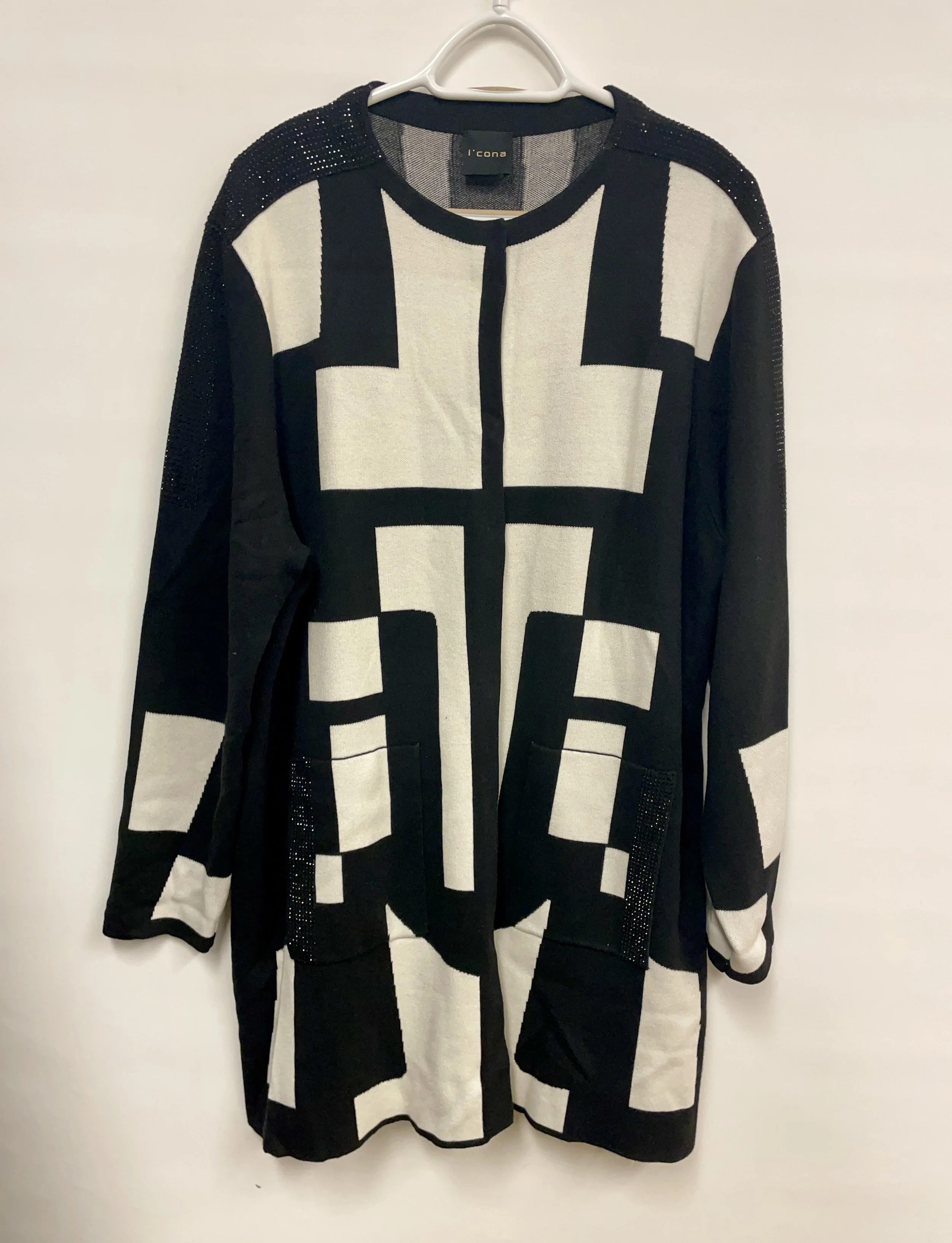 Cardigan 3/4, blanc et noir, scintillant aux poches, I'CONA, XL.
