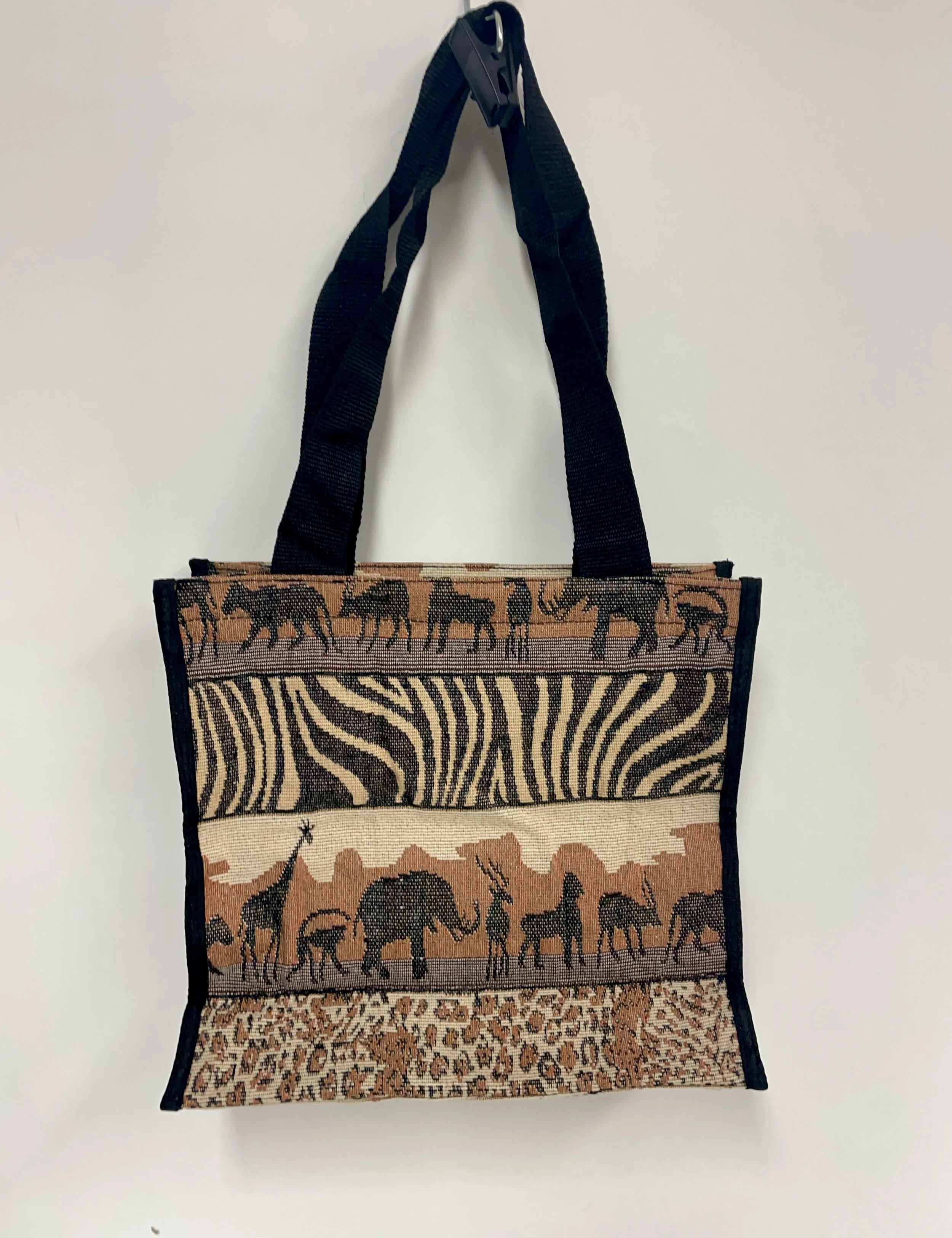 Sac à main en toile beige, brun et noir, 12 po L, 11 po H.