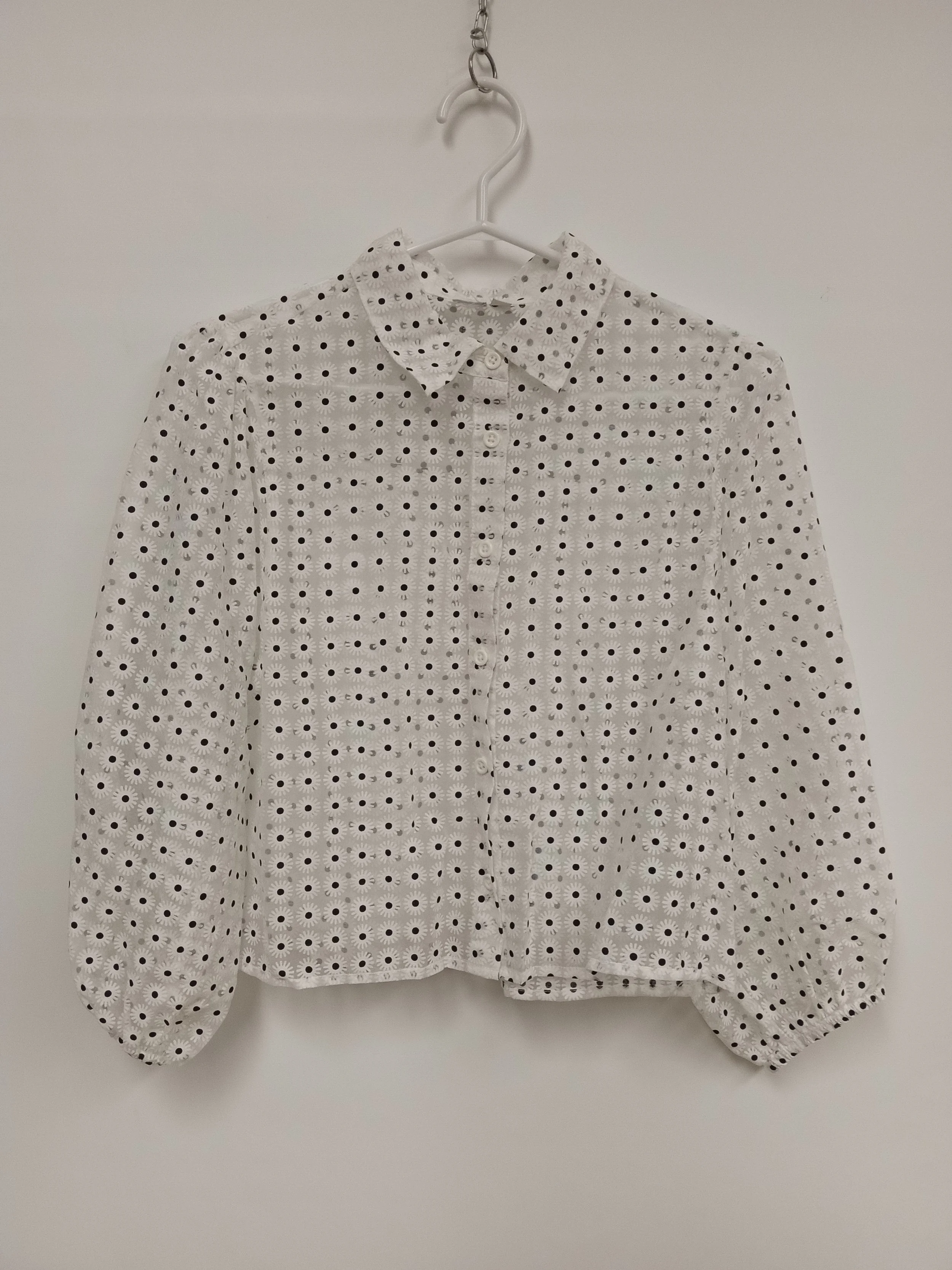 Chemisier manches bouffantes, transparent à fleurs blanc et noir, Twik, S