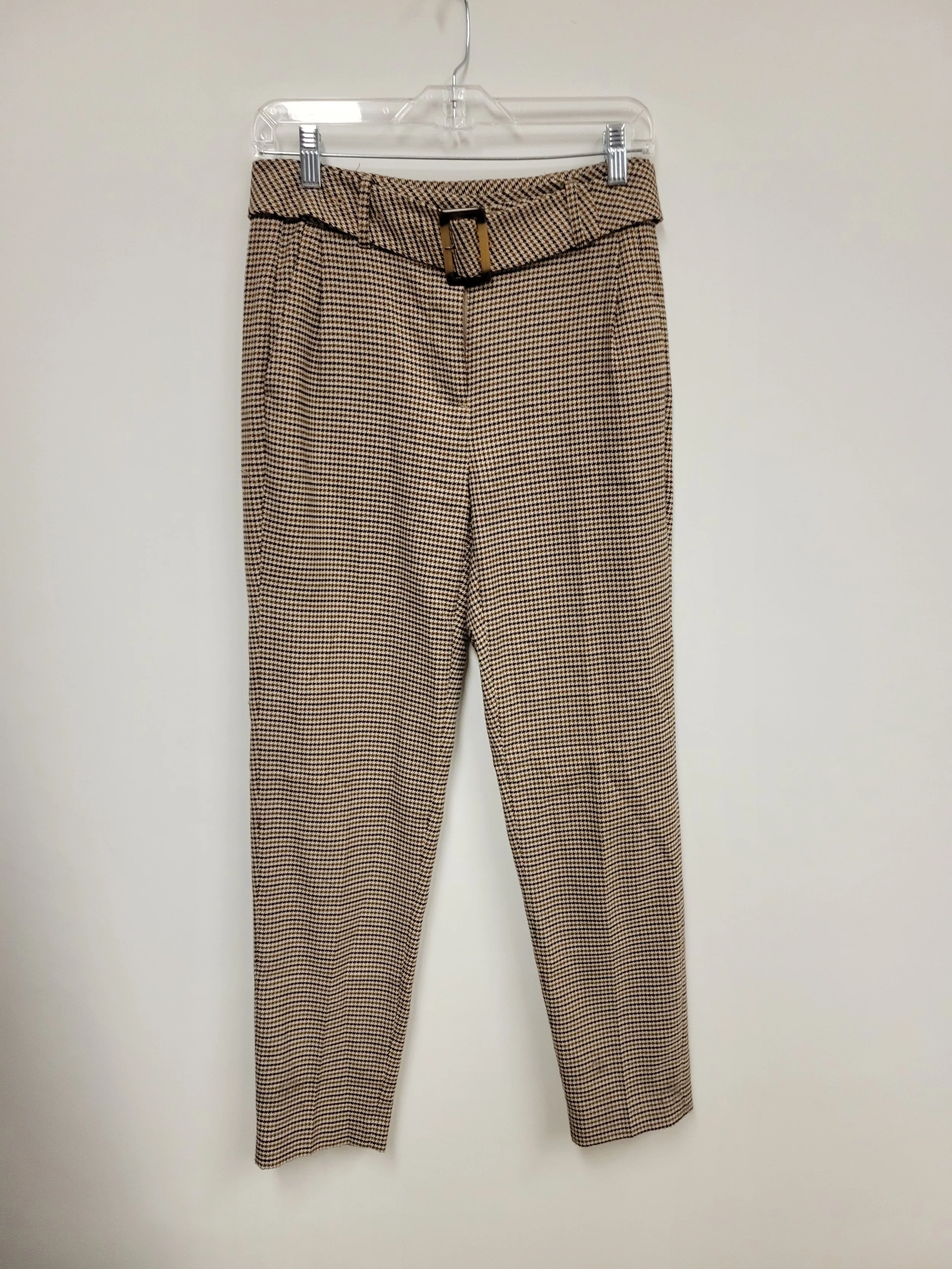 Pantalon taille haute pied-de-poule blanc et brun, ceitnure assortie, RW&CO, taille 2