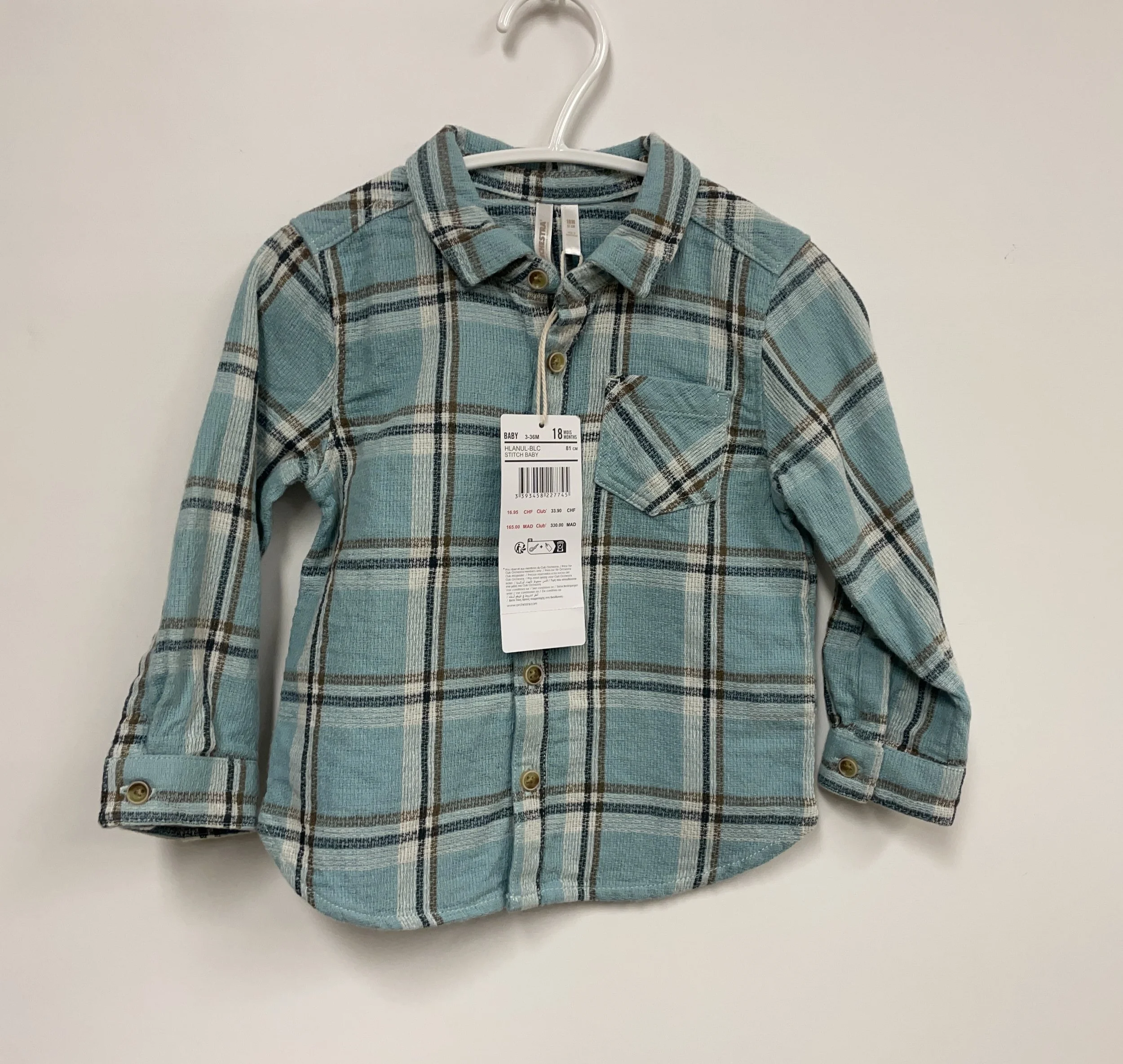 NEUF, chemise carrelée verte, ORCHESTRA, taille 18 mois.