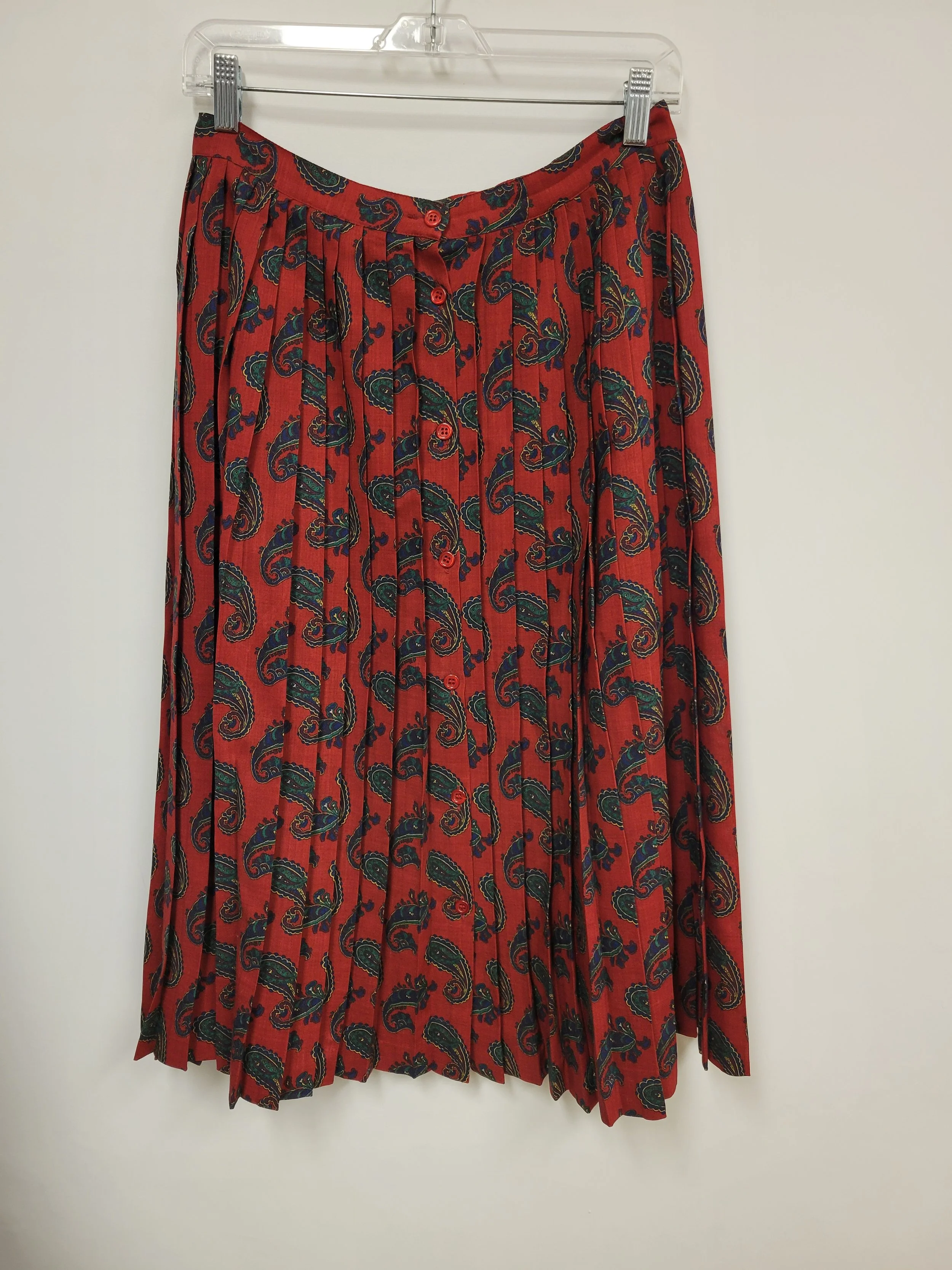 Jupe longue plissée en laine légère, rouge motif paisley, Cacharel, taille 10 (tour de taille 29-30 po)
