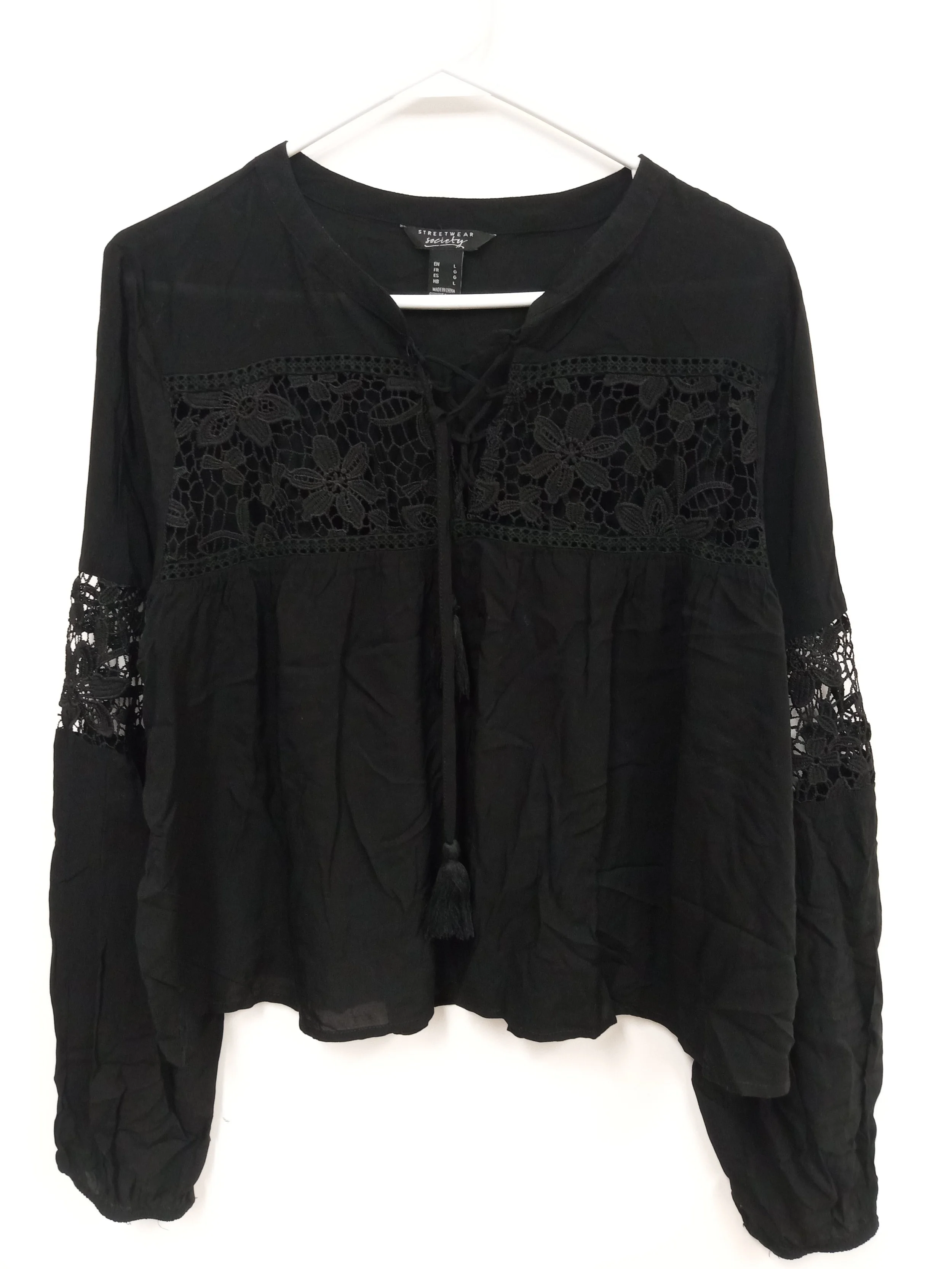 Chemisier en coton avec dentelles, Noir, STREETWEAR SOCIETY, L