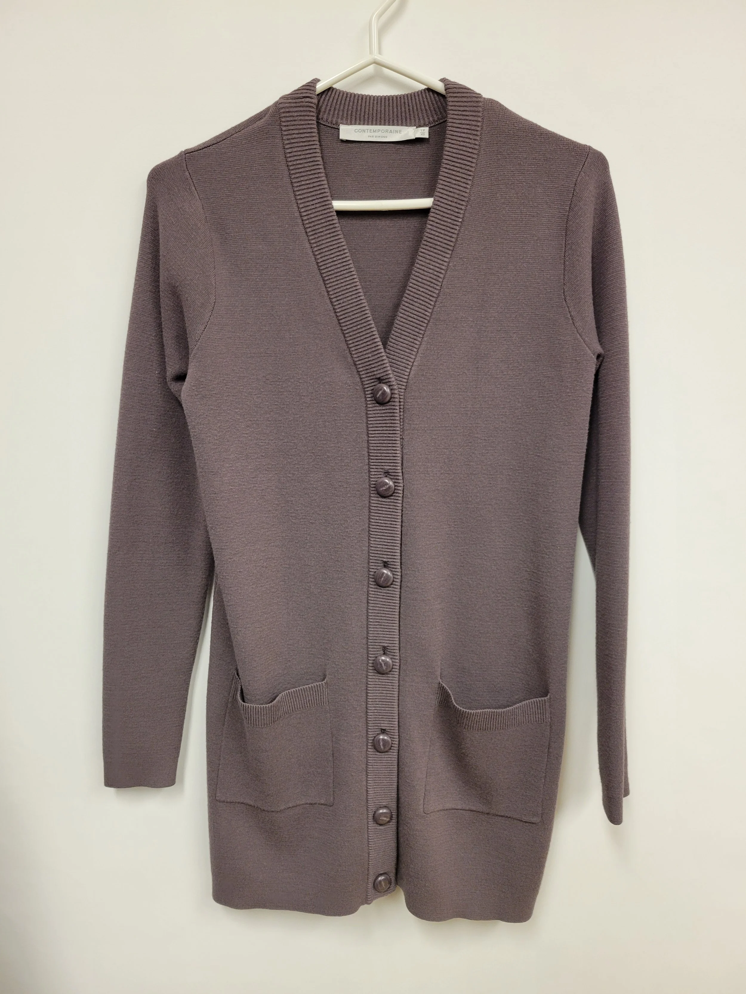 Cardigan long doux, mauve-gris, Contemporaine, XS