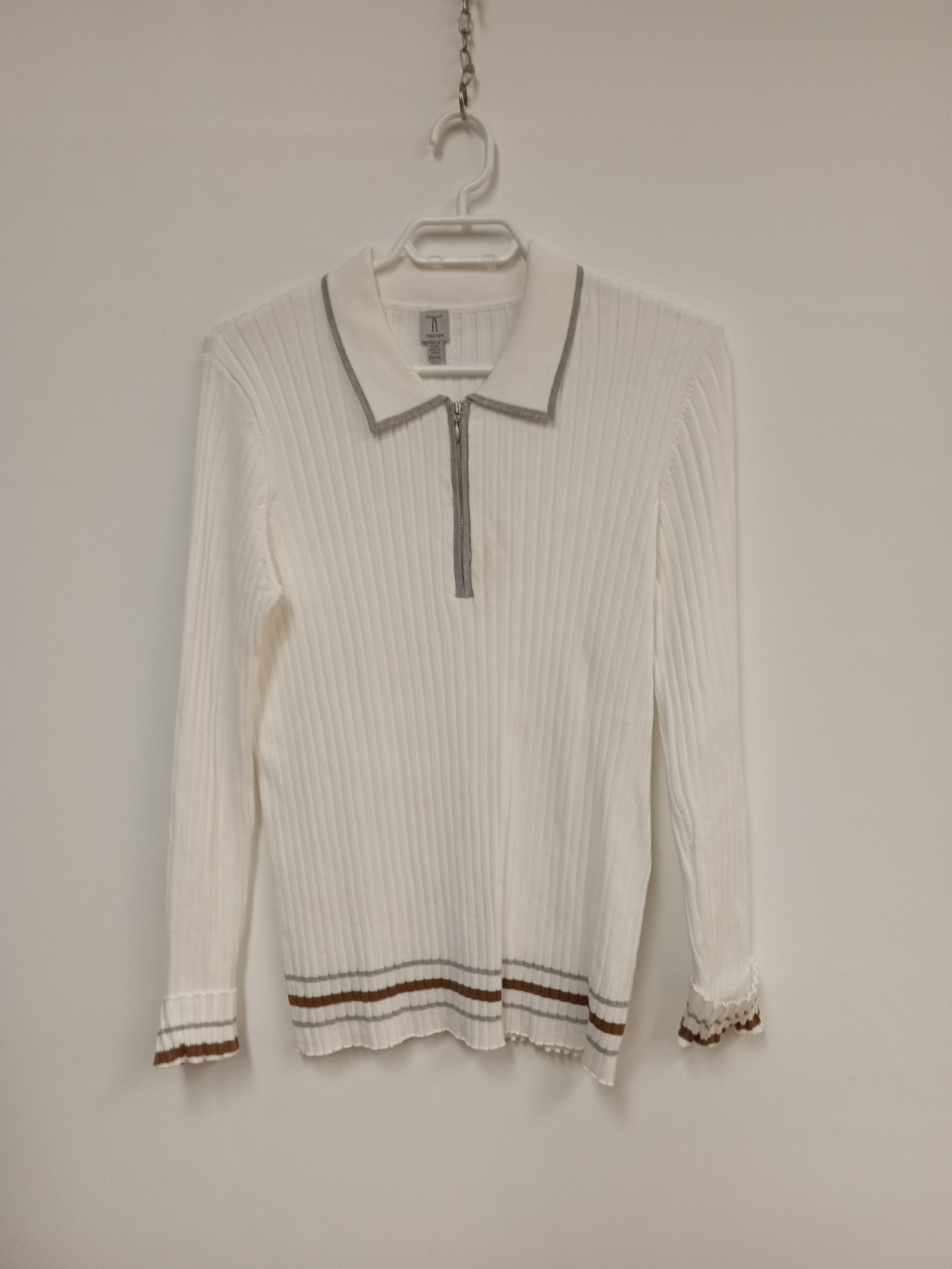 Chandail long avec col, coupe ajustée, blanc et lignes brun-gris, Tristan, XL