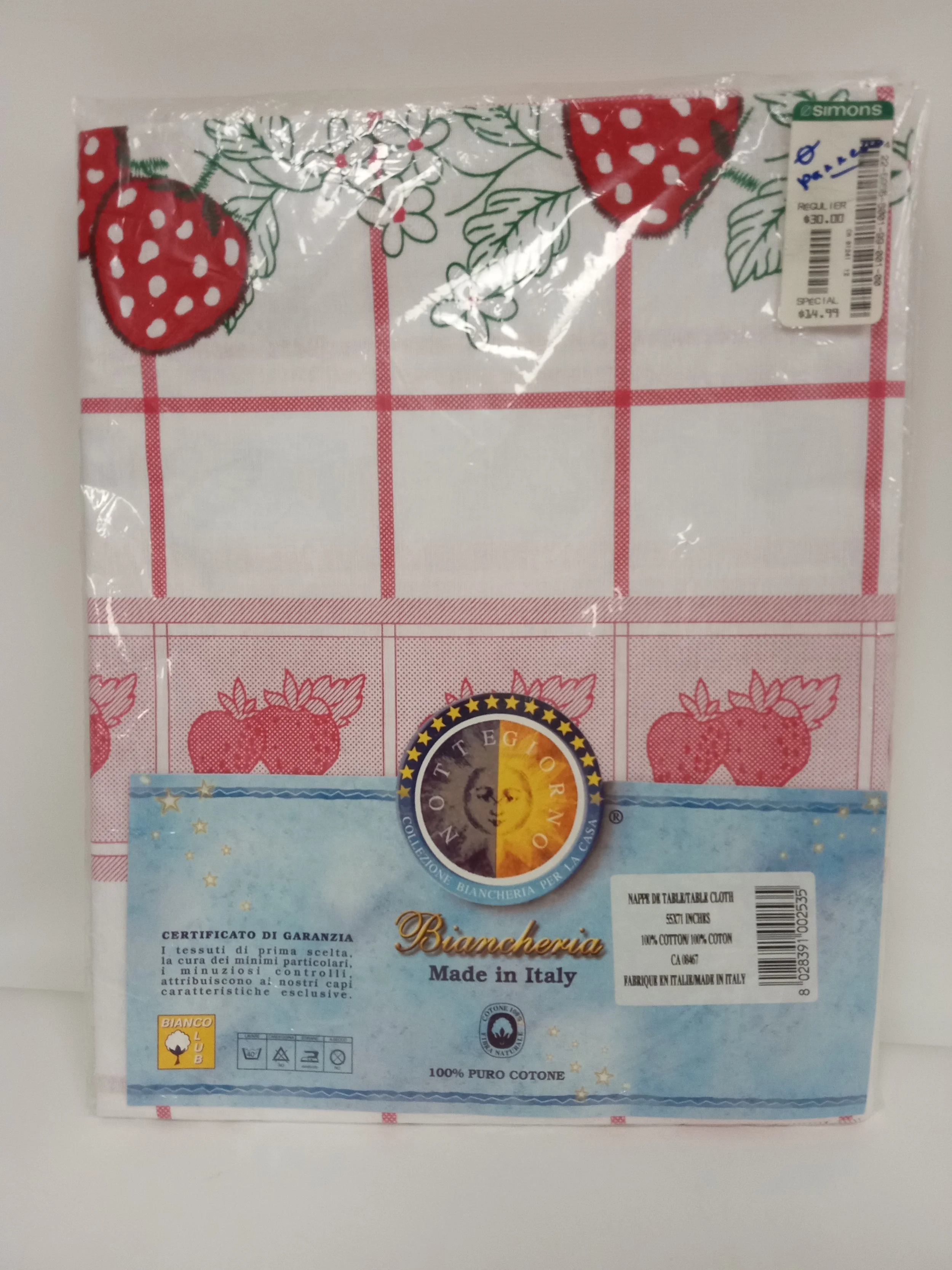 blanche avec motifs de fraises (100% Coton) rectangulaire, 55 x 71 pouces (140 x 180 cm), 6 personnes