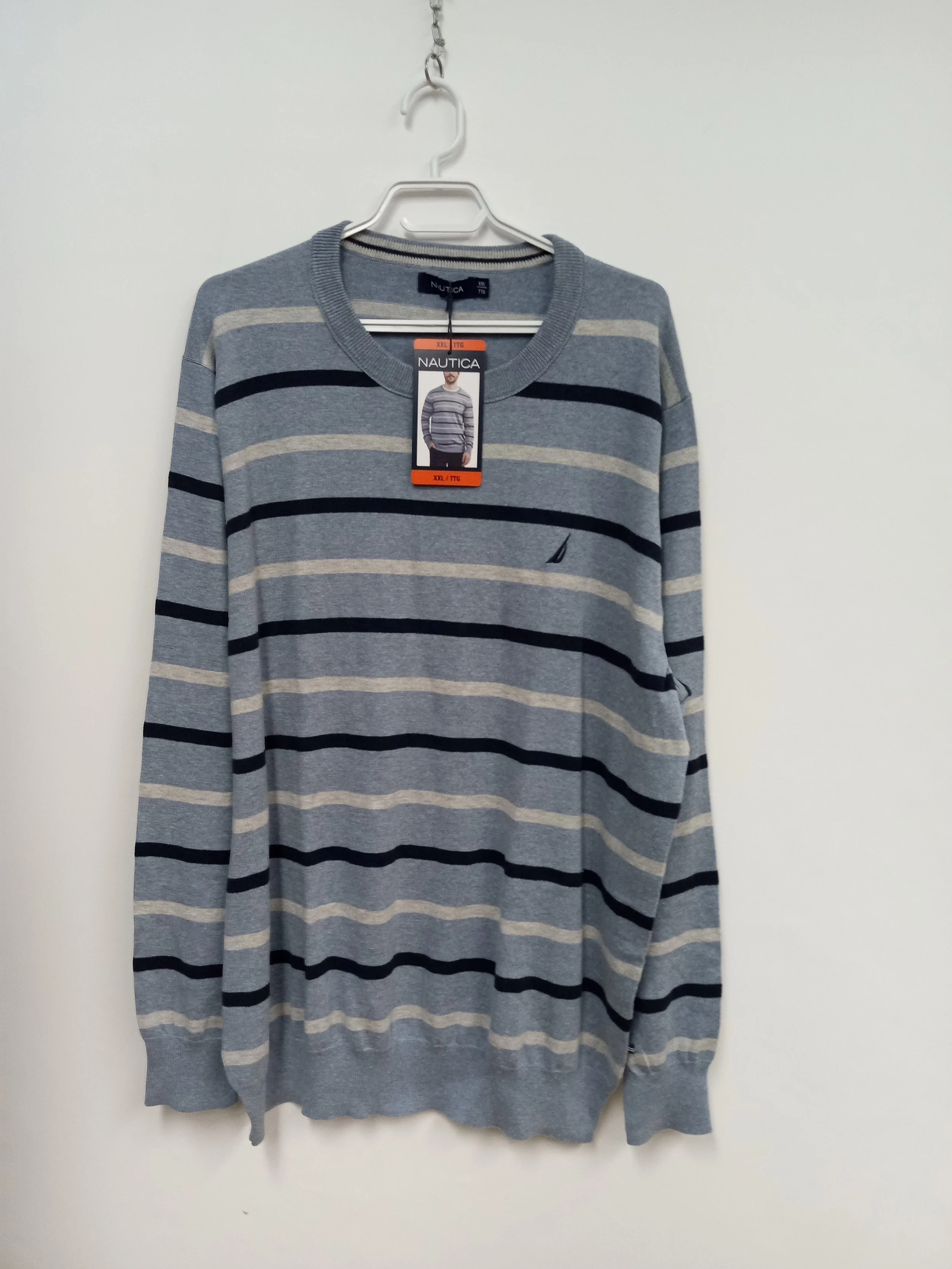 NEUF - Gilet manches longues (Coton/Polyester), Bleu ligné marine et gris, NAUTICA, XXL