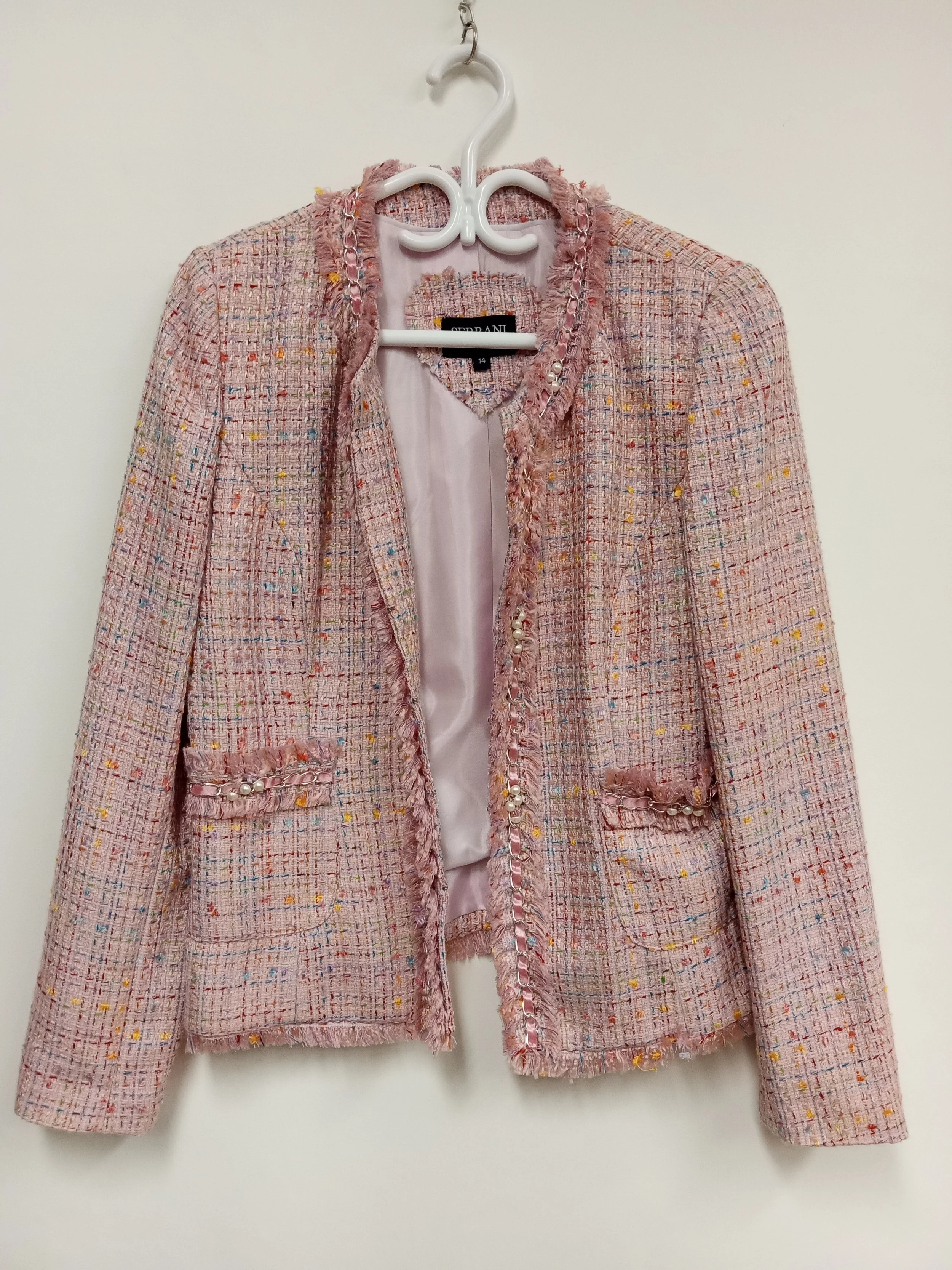 Veste rose style tweed, décors chaîne et perles, SERRANI Italy, taille 14