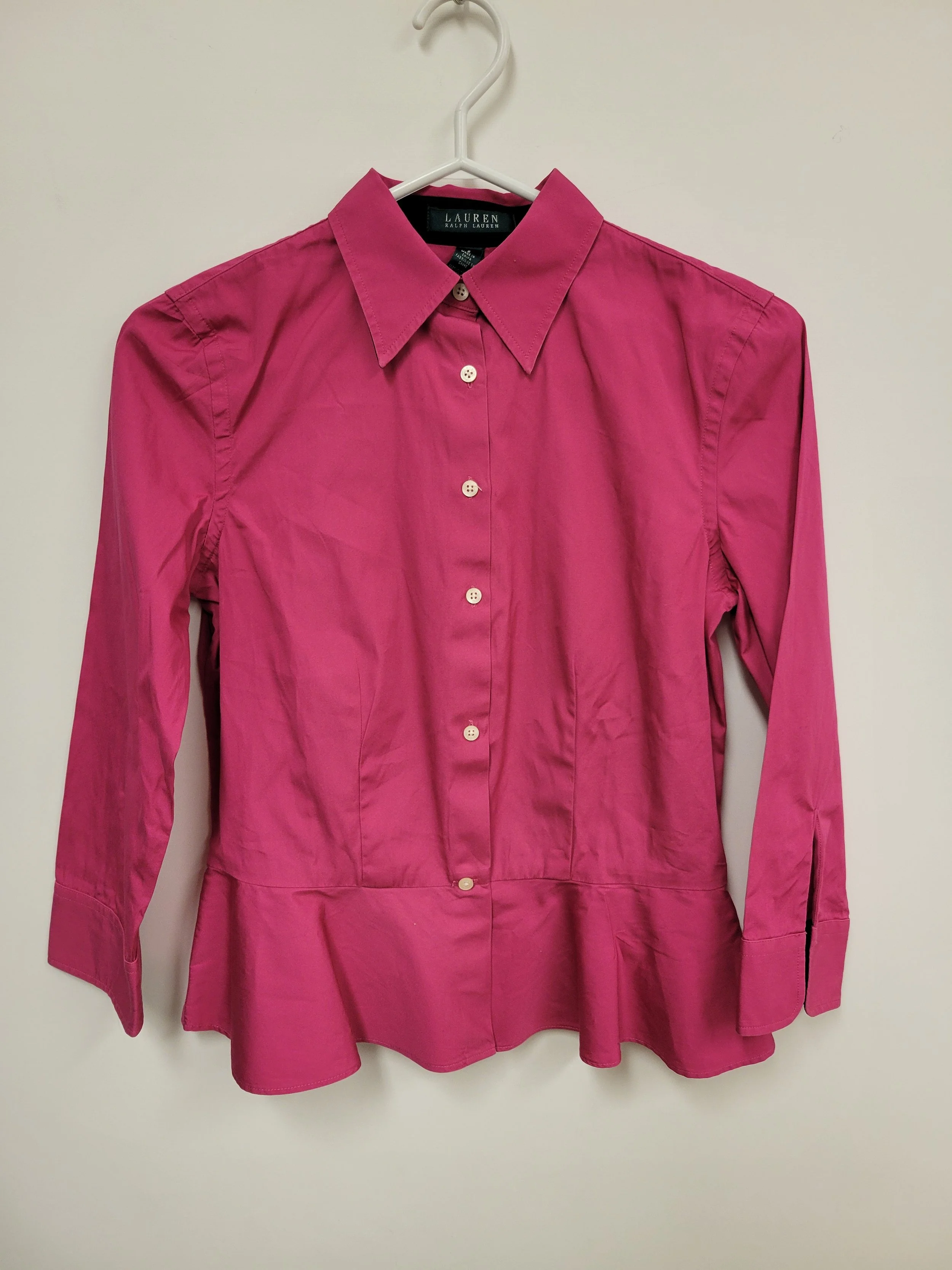 Chemise rose fuchsia, bas évasé style peplum, Ralph Lauren, taille 2 (XS)
