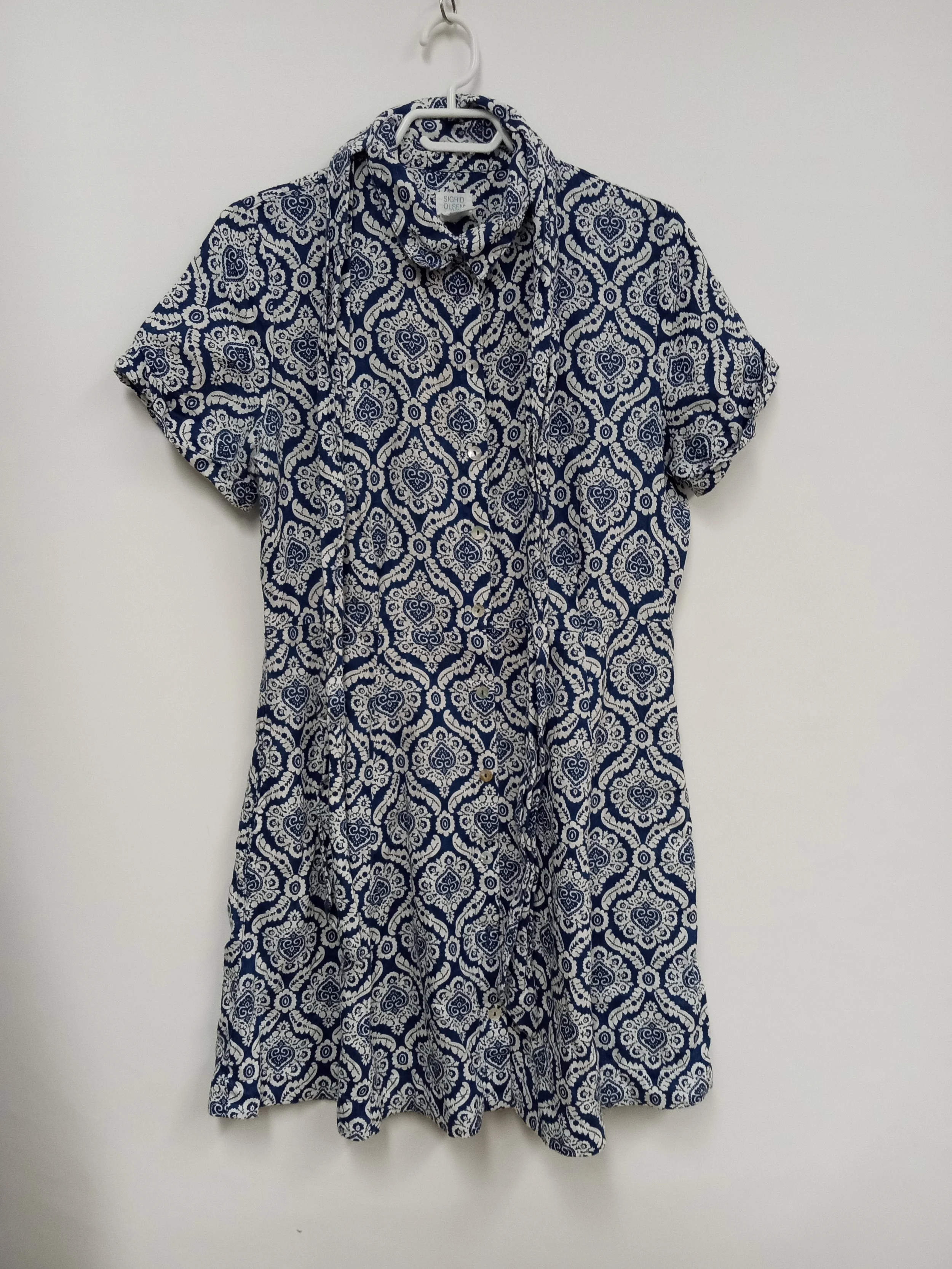 Robe bleue à motifs blancs, 100 % lin, Taille M