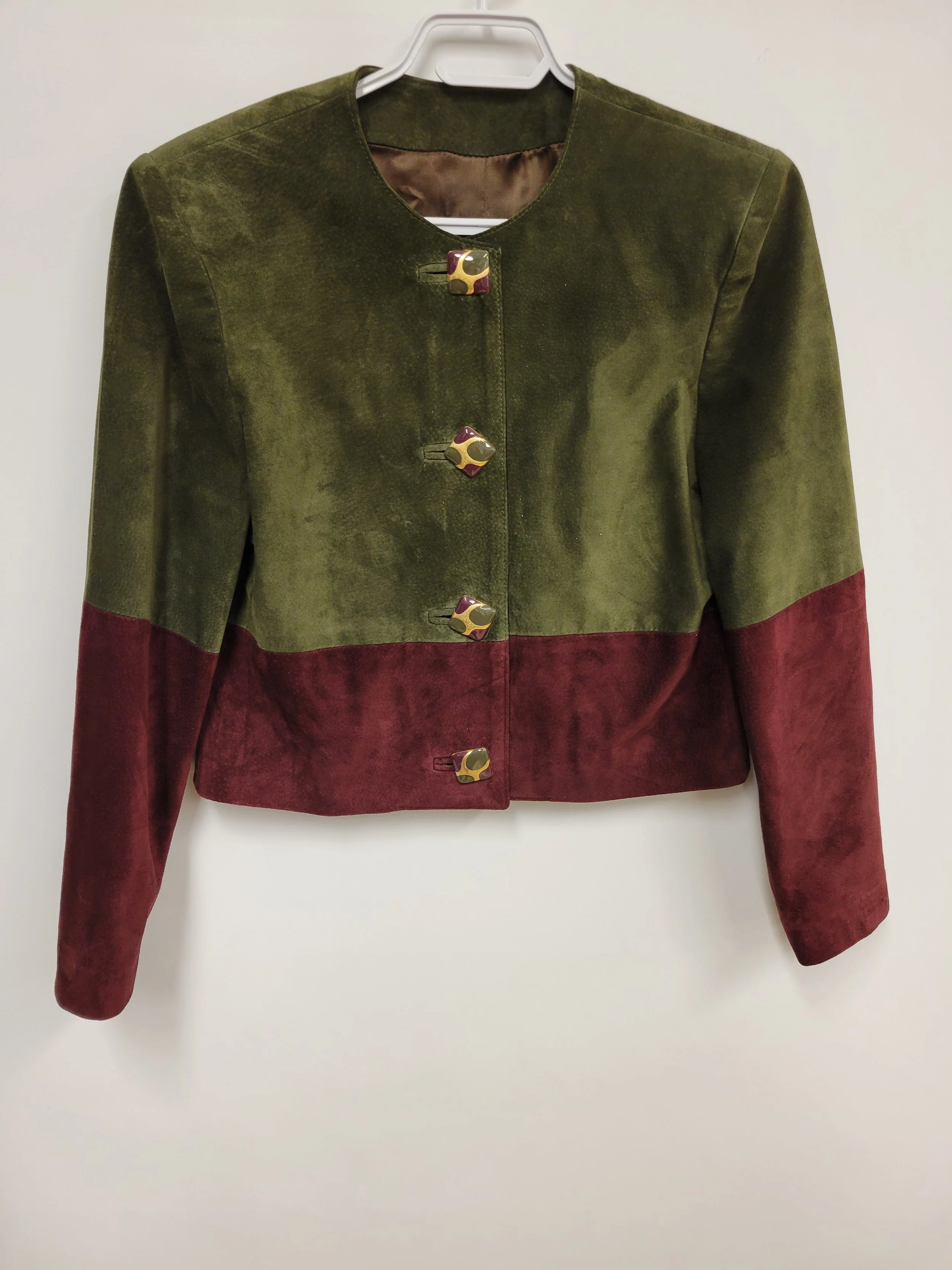 Veste en suède, vert olive et bourgogne, Danier, S