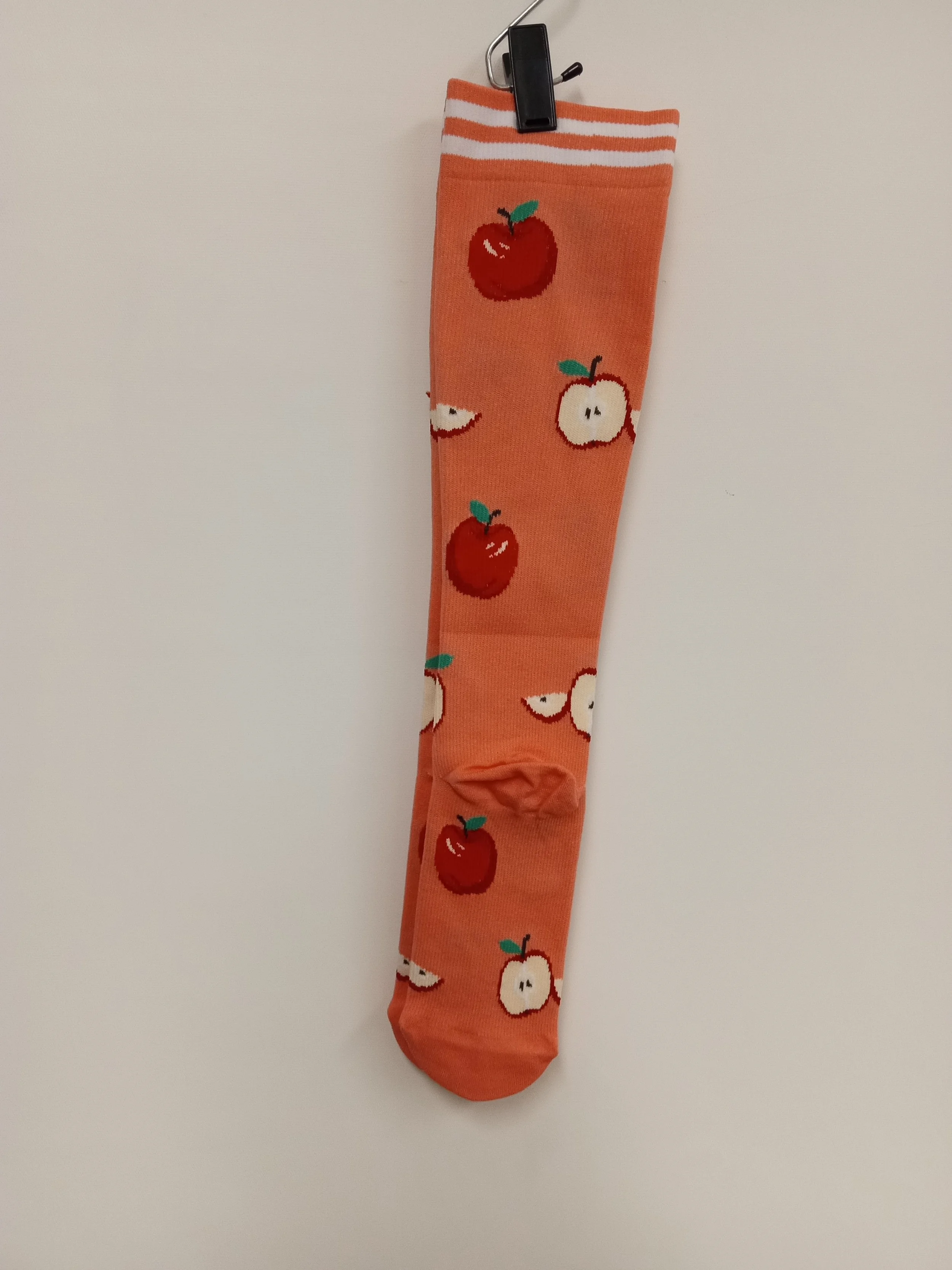 NEUF - Bas aux genous rose corail, motif pommes, S-M