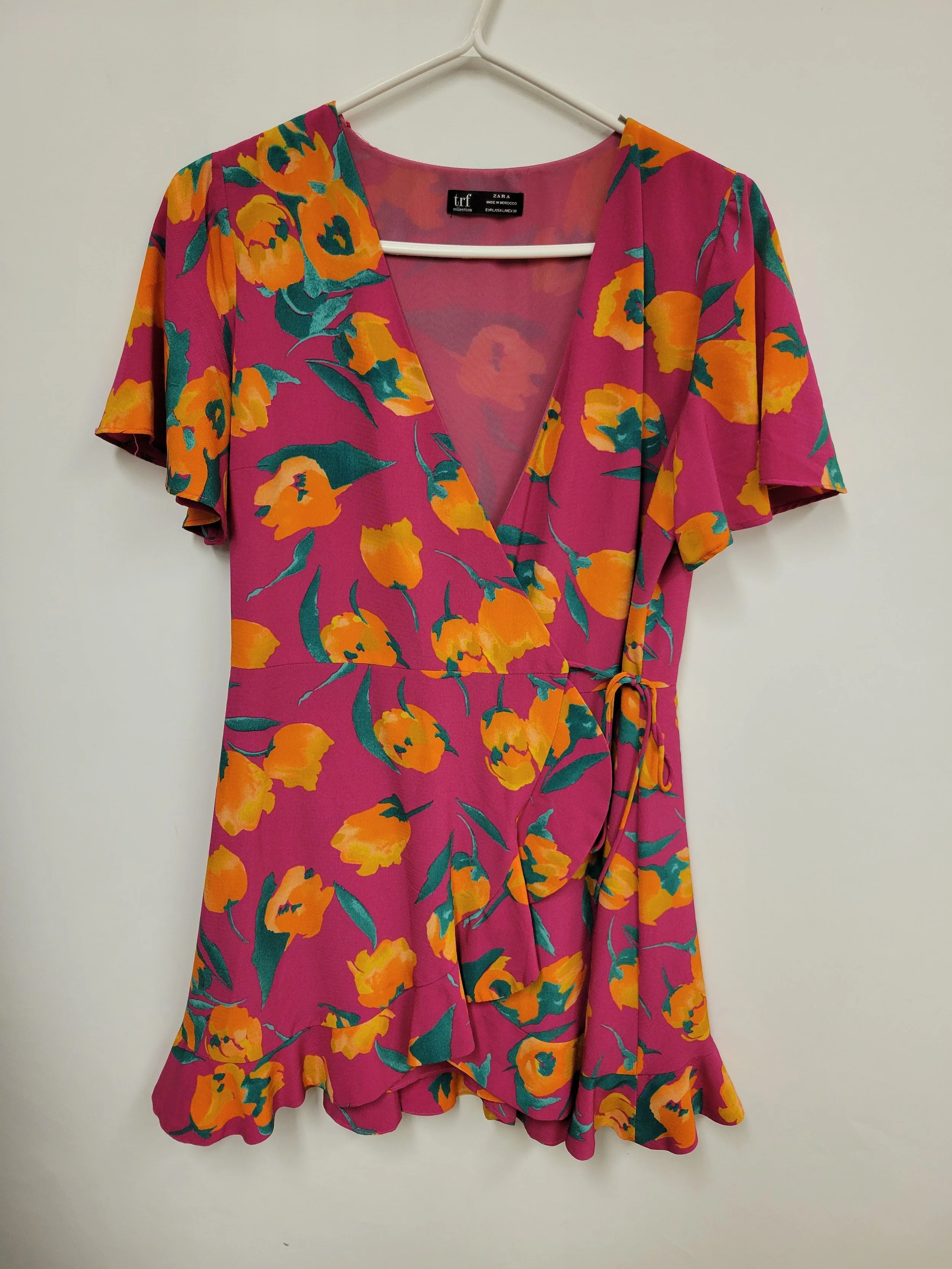 Robe estivale cache-cœur, rose, orange et vert, Zara, L