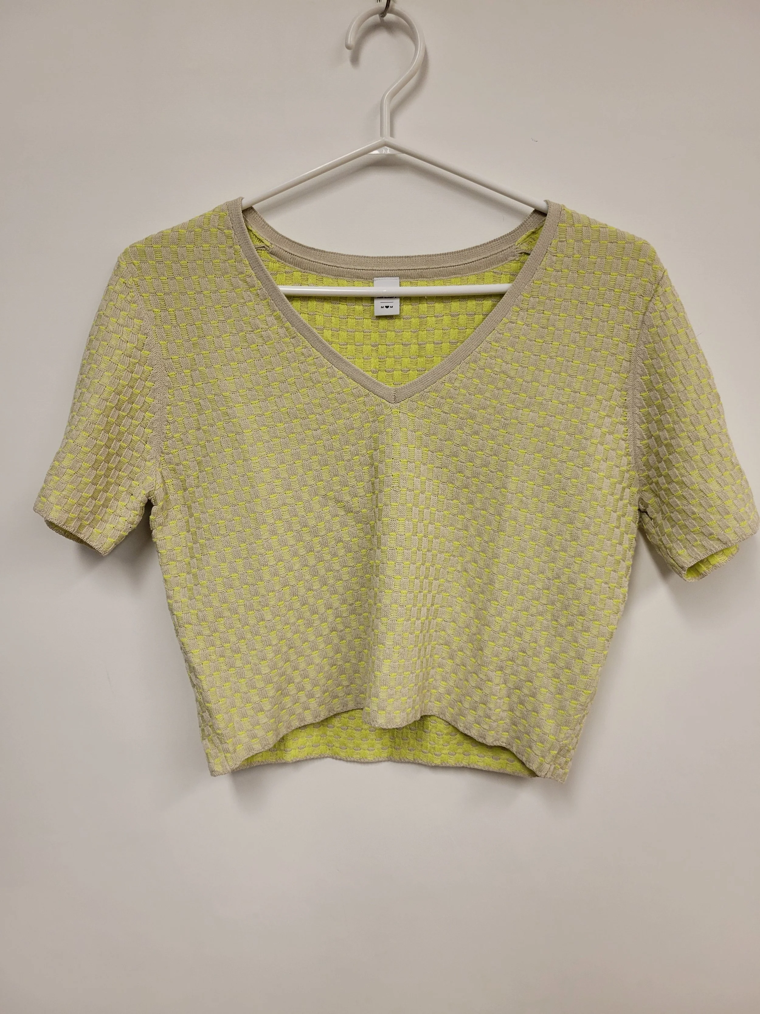 chandail court tricot fin, motif jaune/vert et beige, twik, M