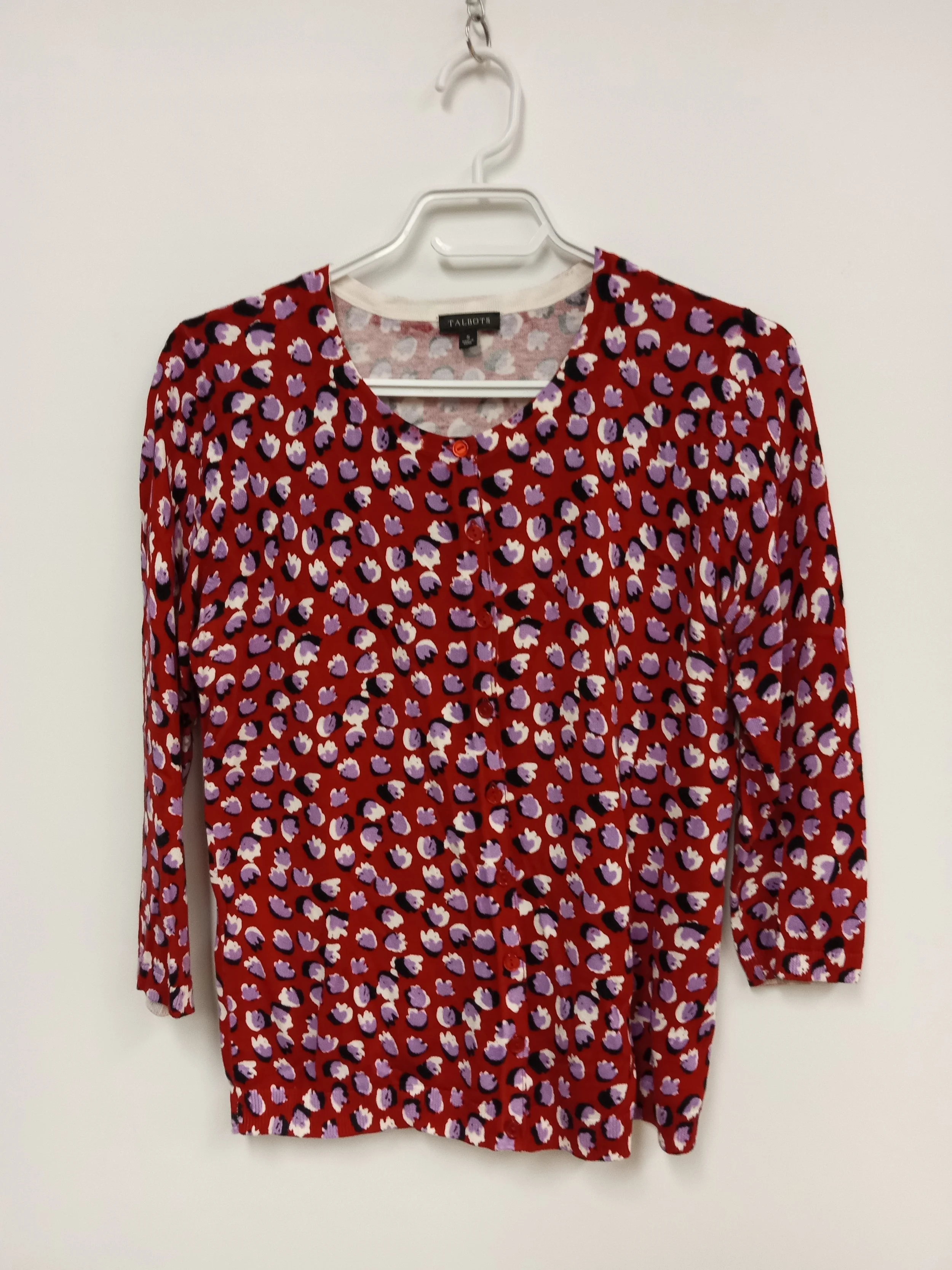 Haut (Coton/Rayonne) boutonné à l'avant, manches 3/4, Rouge avec motifs lilas, blanc et noir, TALBOTS, S