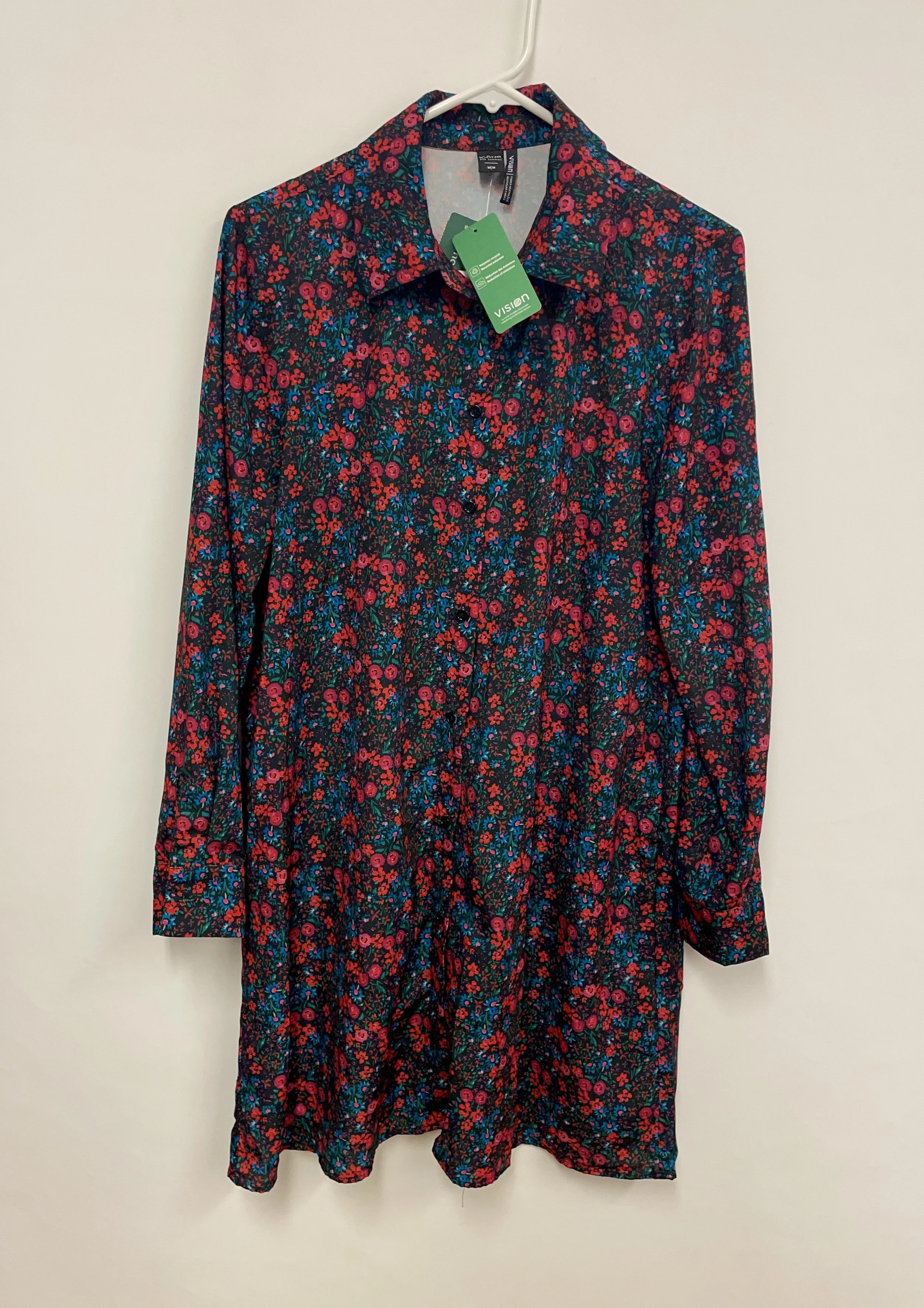 NEUF, robe/chemise fleurie rouge, ICÔNE SIMONS, polyester, valeur 69$, M.
